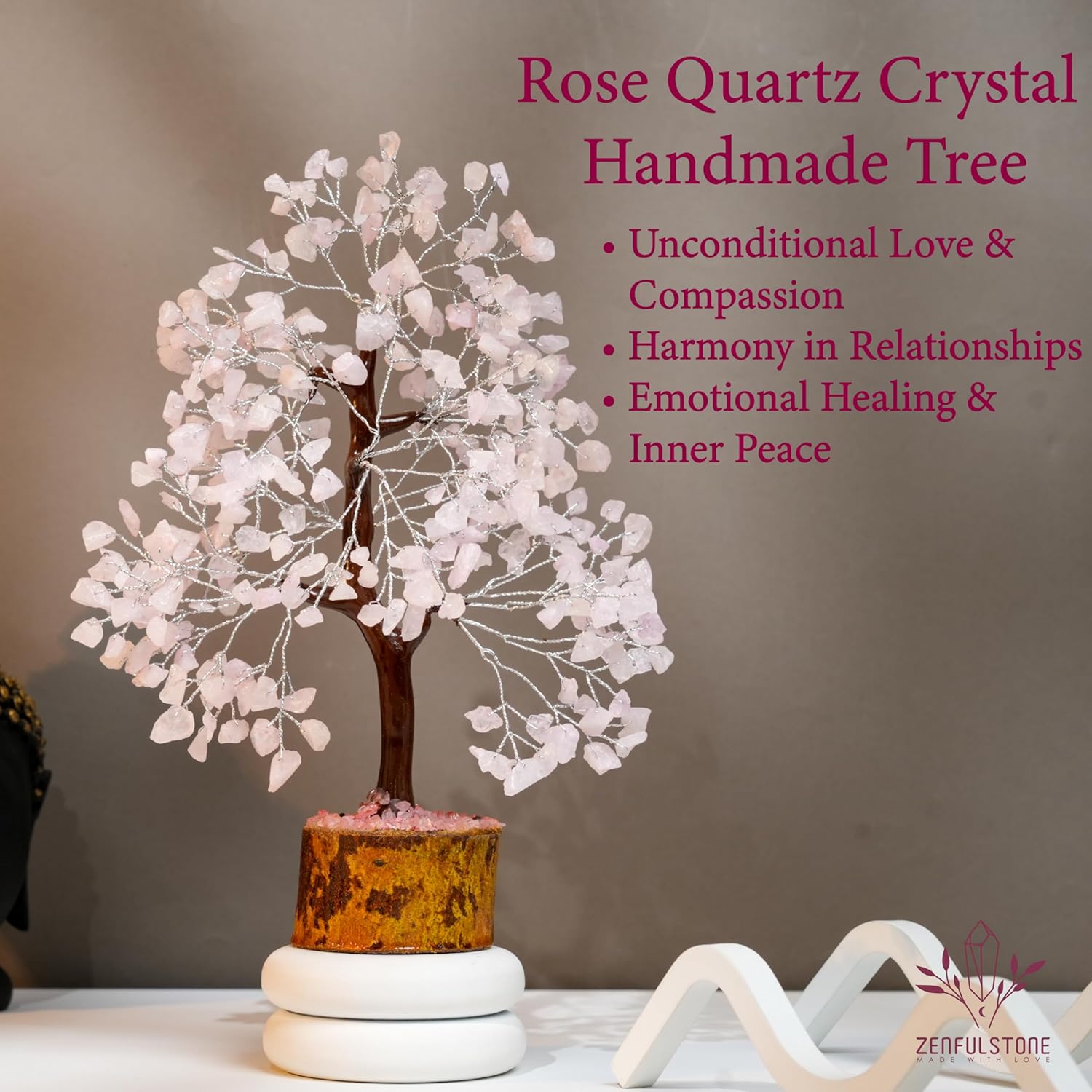 ZENFULSTONE Rose Quartz Crystal Tree of Life for Love & Healing Décor for Home and Office | Handmade Bonsai for Emotional Support & Harmony as Symbol of Piece for Loved Ones