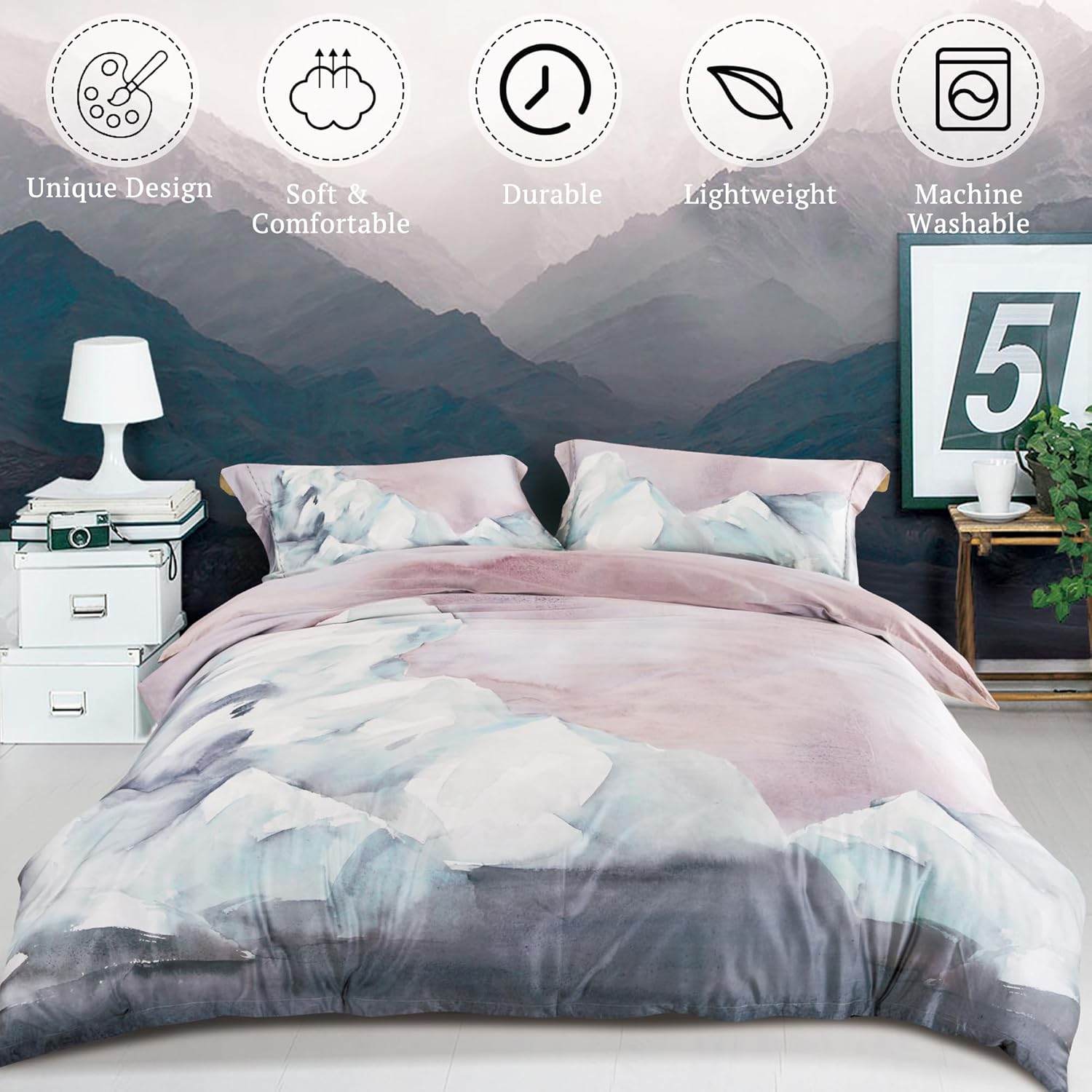 MILDLY 100% Long-Staple Cotton Duvet Cover Gray Pink Marble Pattern Comforter Cover Set 500TC Watercolor Abstract Reversible Soft & Breathable