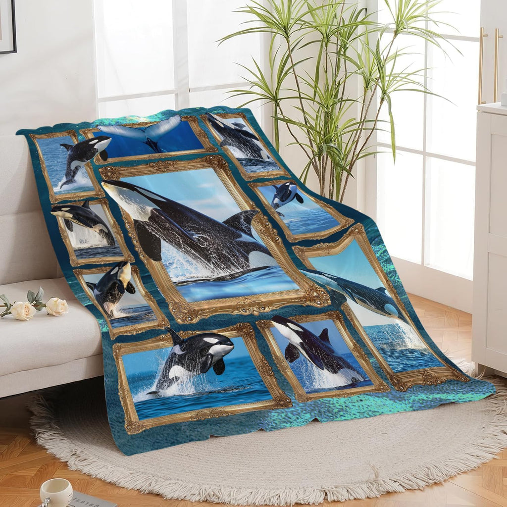 Orca Blanket Ocean Whale Throw Blanket Gifts for Girls Women Kids Boys Adults Men Super Soft Cozy Plush Fluffy Fuzzy Fleece Blanket Home Decor 60''X80''