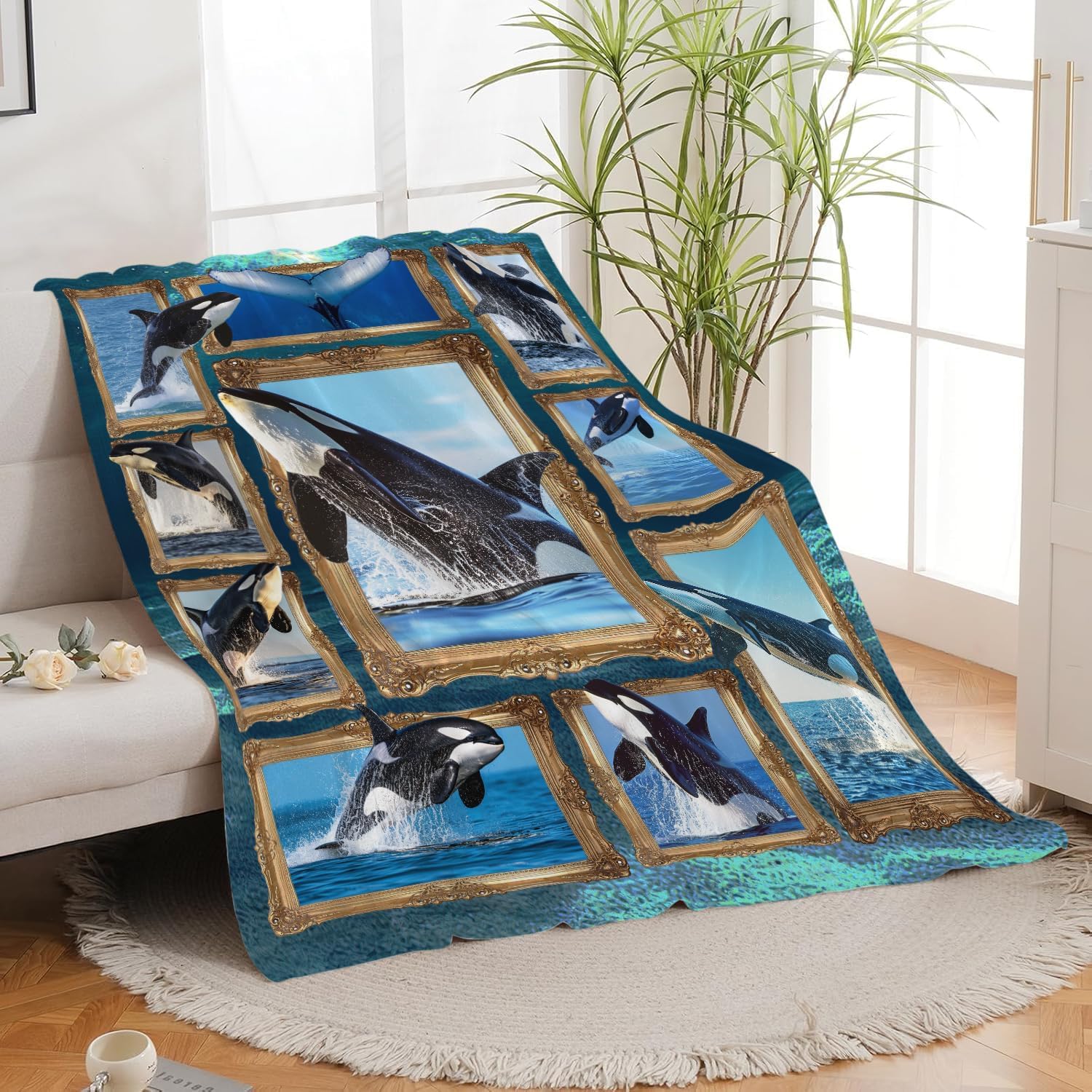 Orca Blanket Ocean Whale Throw Blanket Gifts for Girls Women Kids Boys Adults Men Super Soft Cozy Plush Fluffy Fuzzy Fleece Blanket Home Decor 60''X80''