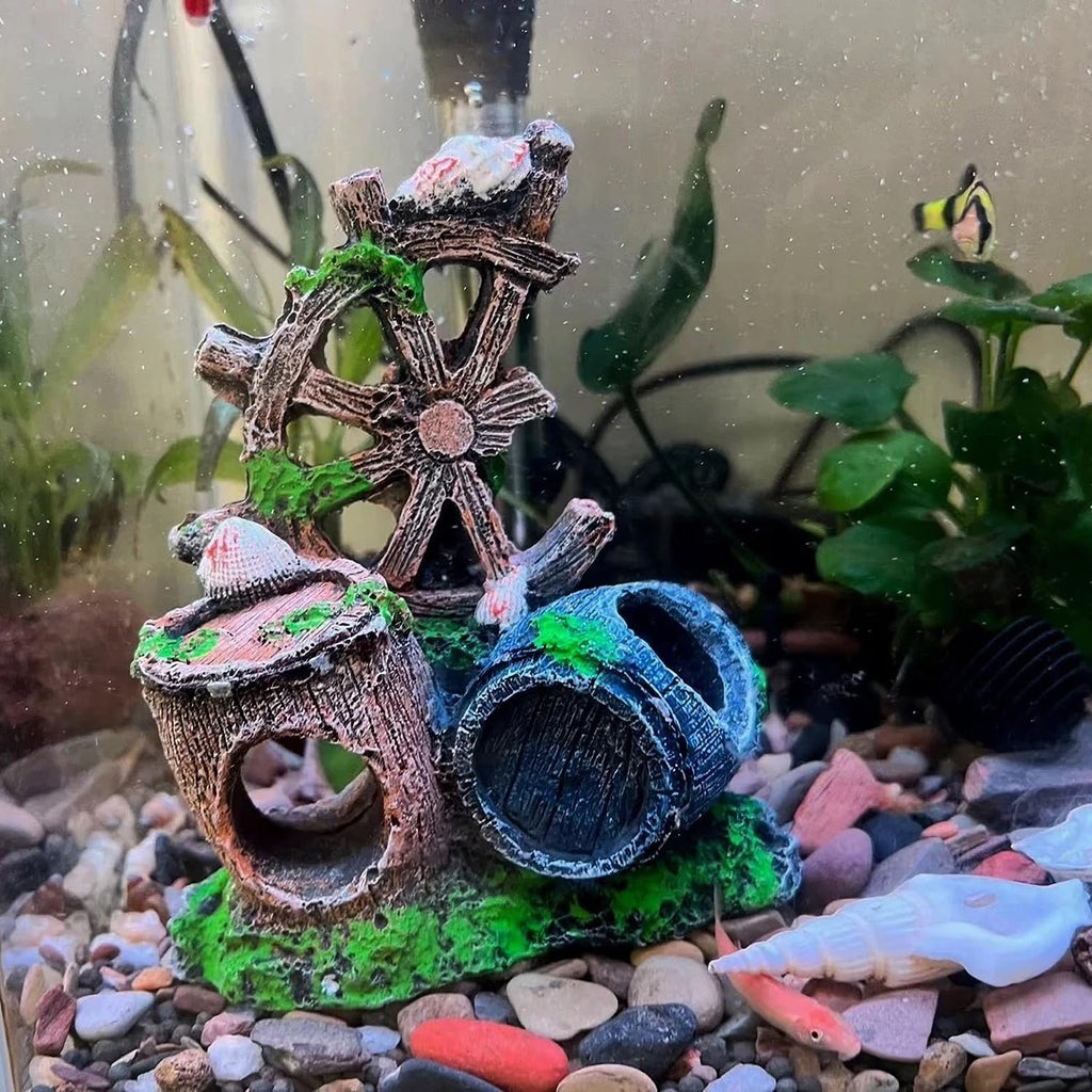 Mipukbay Fish Tank Decoration, Broken Ship Wheel & Cask Aquarium Decor Hiding Cave Ornament Landscaping Rock Resin Decoration