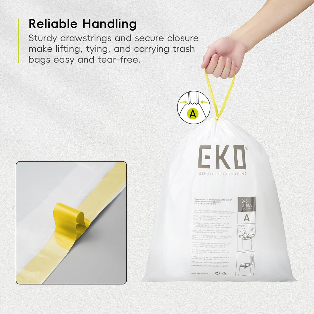 EKO 1.6 Gallon / 3-6 Liter, 80 Count Small Drawstring Trash Bags, Extra-Strong Unscented Garbage Bags, Easy-Dispense Roll for Kitchen & Household Use, Resists Tears, Leaks and Punctures, Code A, White