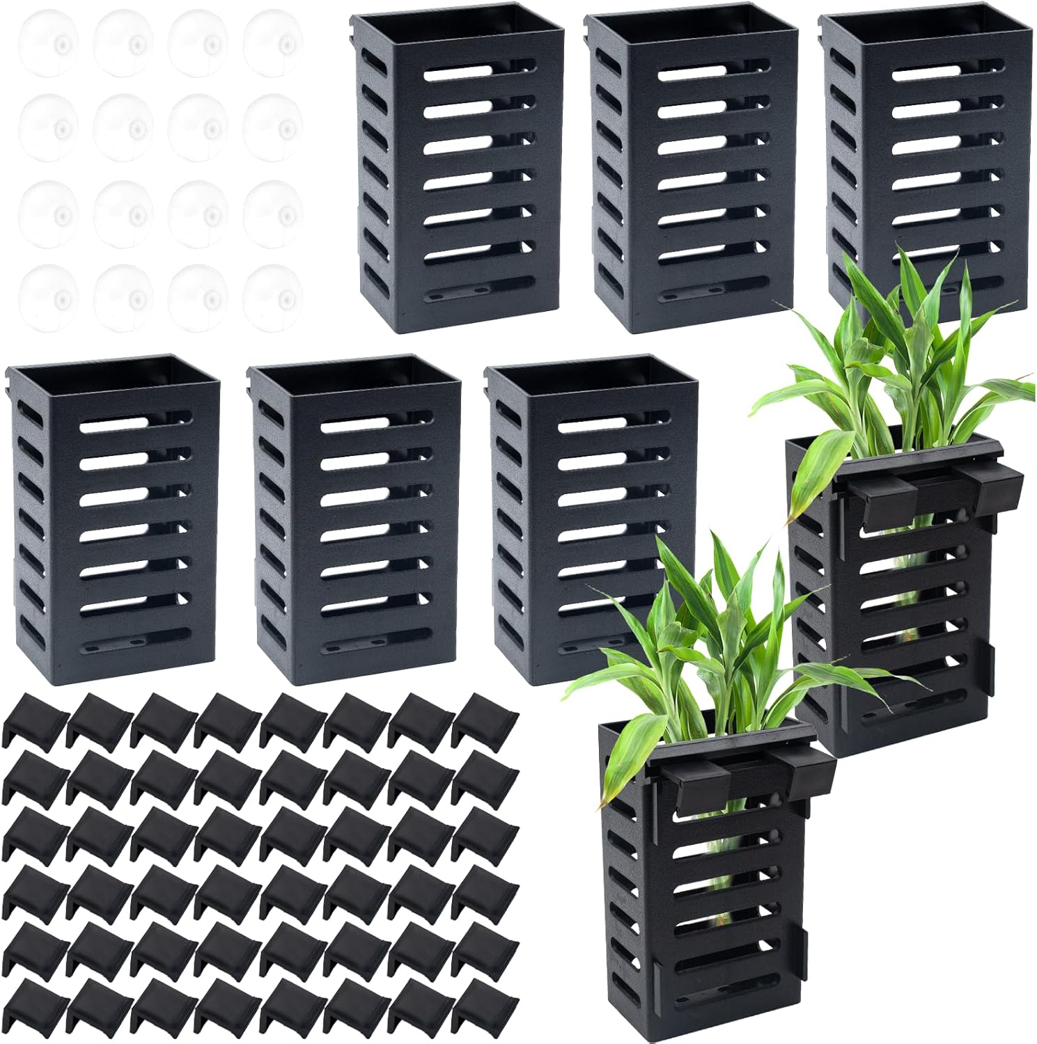 Aquarium Plant Holder Set, 8 Plastic Pots with 48 Hooks and 32 Suction Cups, for Live Plants and Fish Tank Decorations