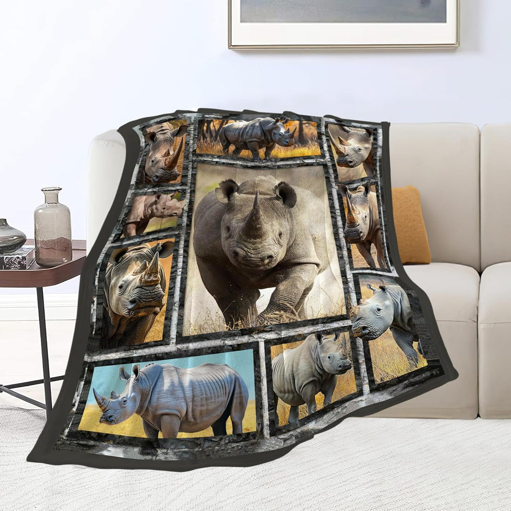 White Rhino Blanket Rhinos Animal Throw Blankets Gifts for Girls Boys Kids Rhino Lover Soft Cozy Fleece Plush for Couch Sofa Bed 50"x40"