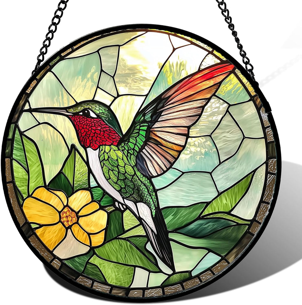 Stained Glass Window Hanging, Green Hummingbird Sun Catcher for Door Home Decor, Birds Suncatcher Christmas Mother's Day Birthday Gifts for Bird Lovers Women Men Mom and Nana 6.3 in