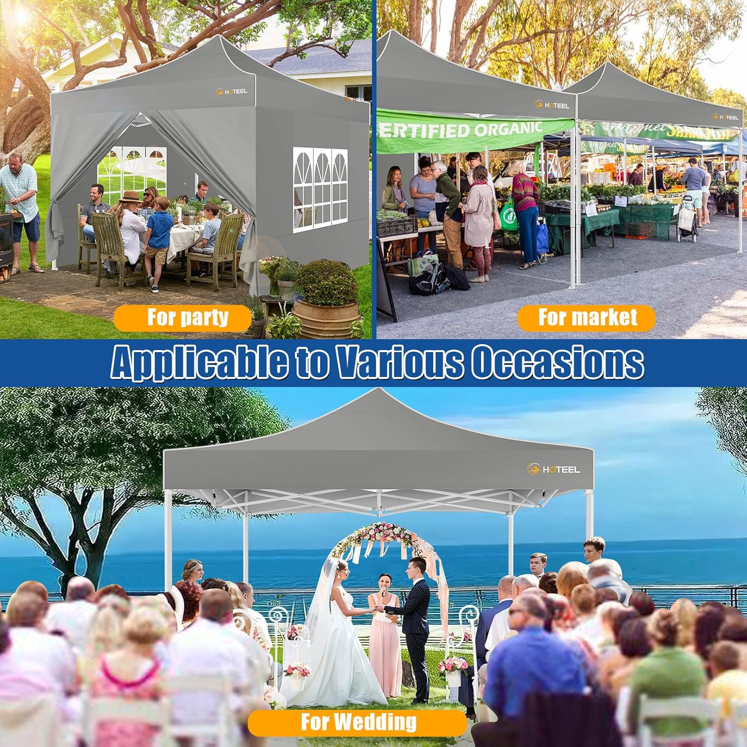 HOTEEL 10x10 Pop up Canopy Tent for Parties, Heavy Duty Easy Setup Tent with 4 Sidewalls, Outdoor Commercial Instant Gazebo for Wedding Event, with Portable Bag, Grey(Hexagonal Frame)