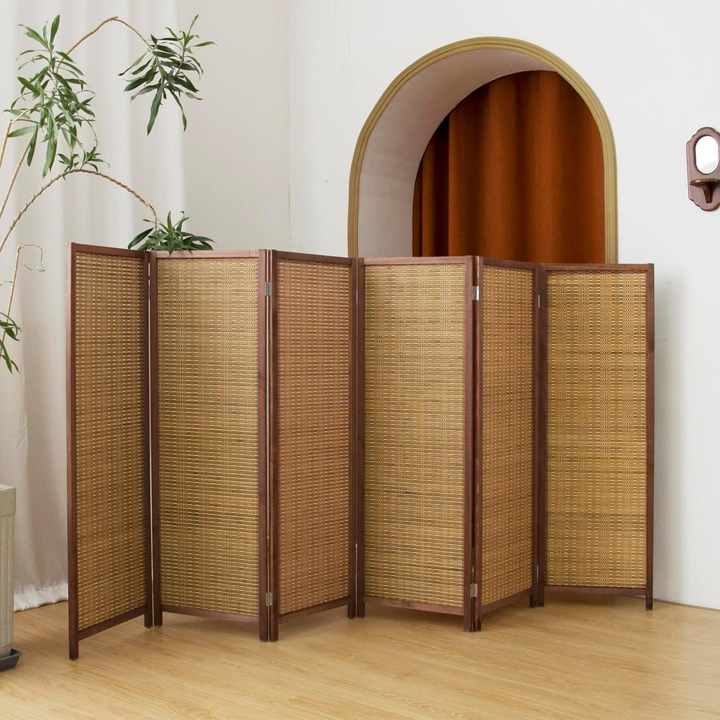 6 Panel Short Panel Divider Screen,3.95 FT Tall Bamboo Room Divider Folding Privacy Screen,Short Panel Divider Freestanding Room Divider for Room Seperation,Brown