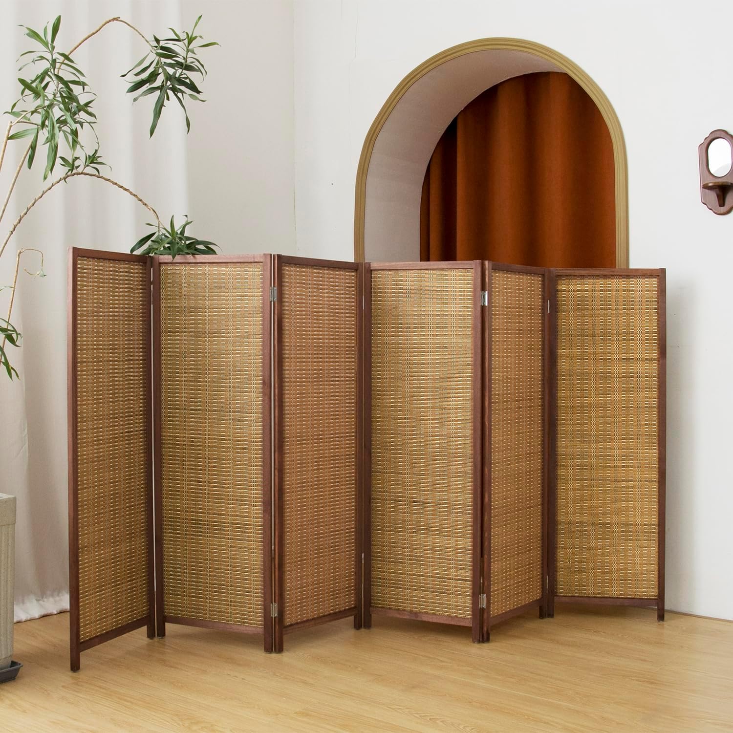 6 Panel Short Panel Divider Screen,3.95 FT Tall Bamboo Room Divider Folding Privacy Screen,Short Panel Divider Freestanding Room Divider for Room Seperation,Brown