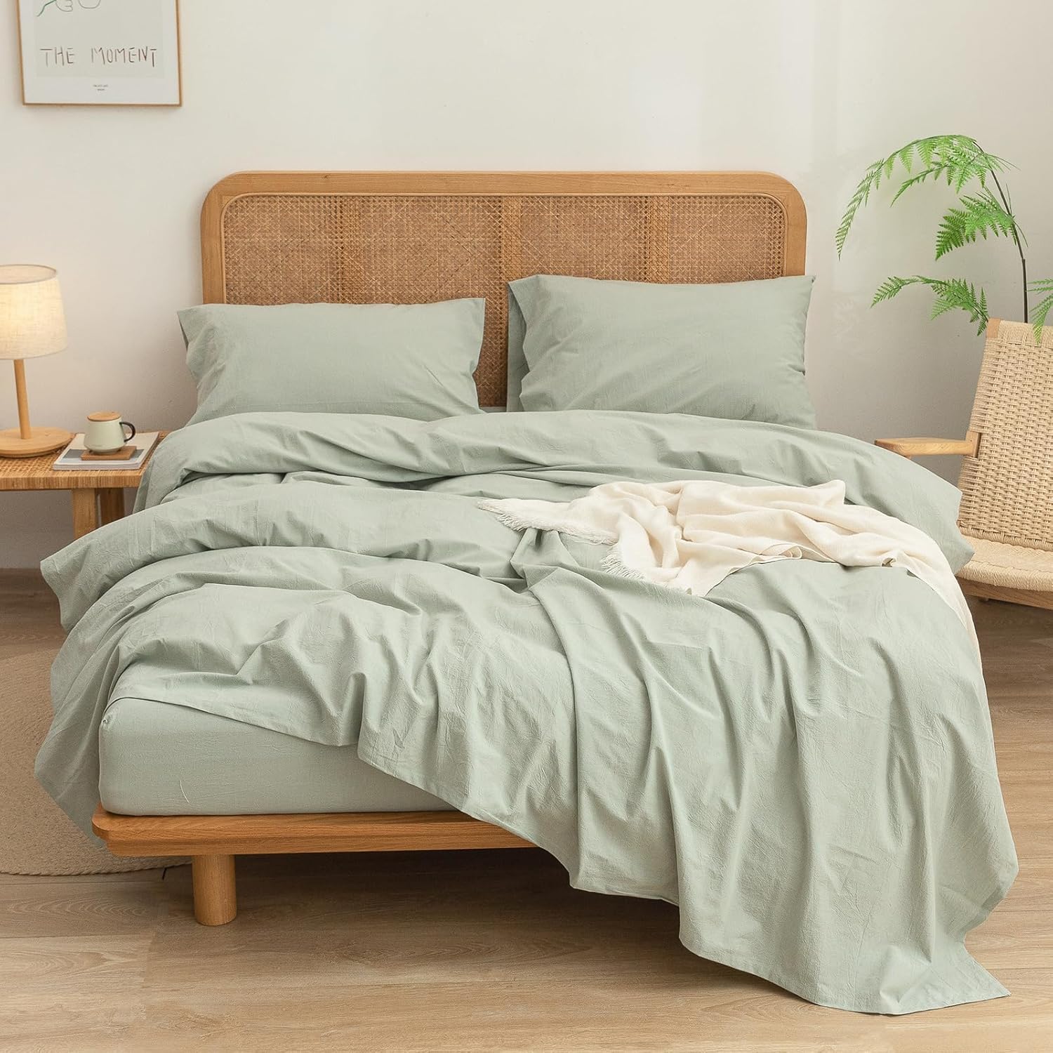 BESTOUCH Sheet Set 100% Washed Cotton Linen Feel Super Soft Comfortable Chic Lightweight 4 Pcs Home Bedding Set Solid Sage Green Full