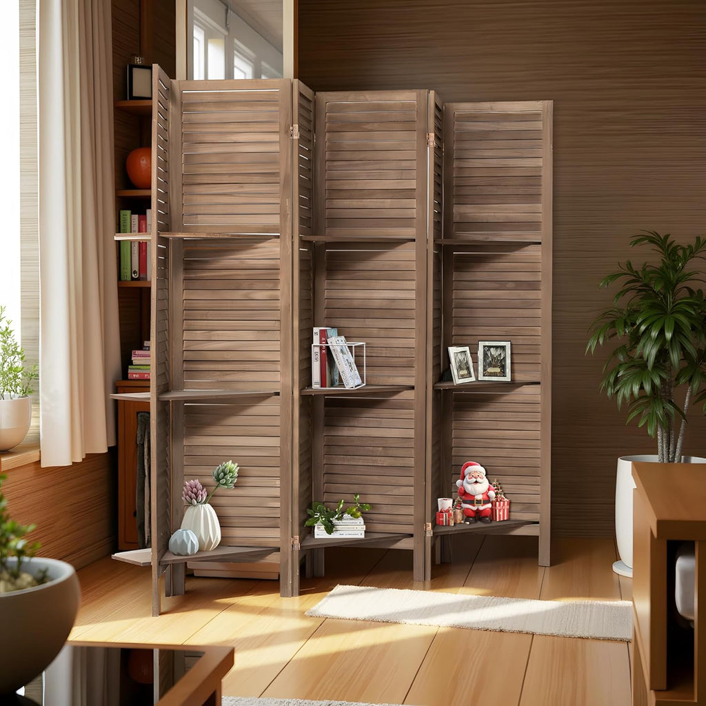 6 Panel Room Divider with Shelves Wood Privacy Screen Partition Room Dividers Folding Freestanding Room Screen Divider with Display Shelves for Home Office Studio Apartment, Dark Brown