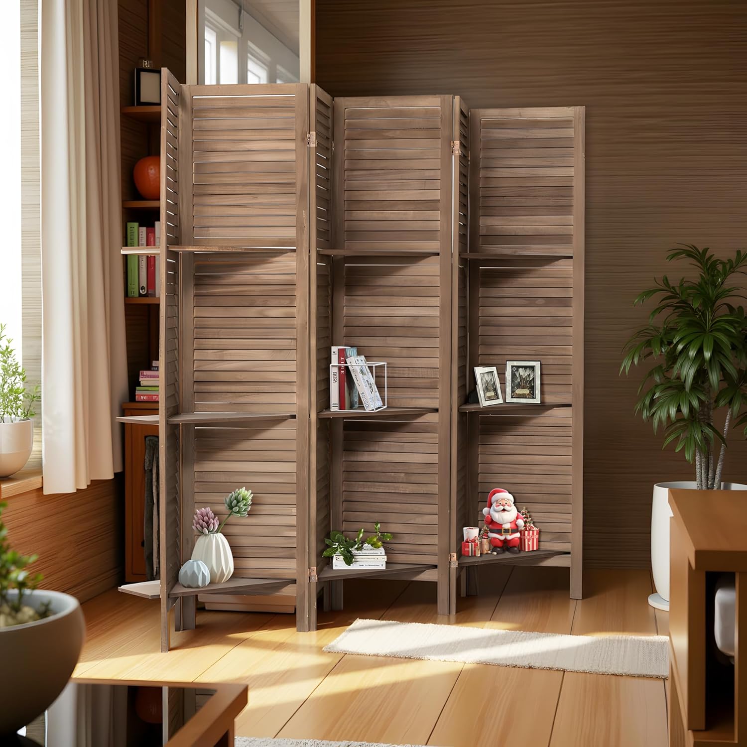 6 Panel Room Divider with Shelves Wood Privacy Screen Partition Room Dividers Folding Freestanding Room Screen Divider with Display Shelves for Home Office Studio Apartment, Dark Brown