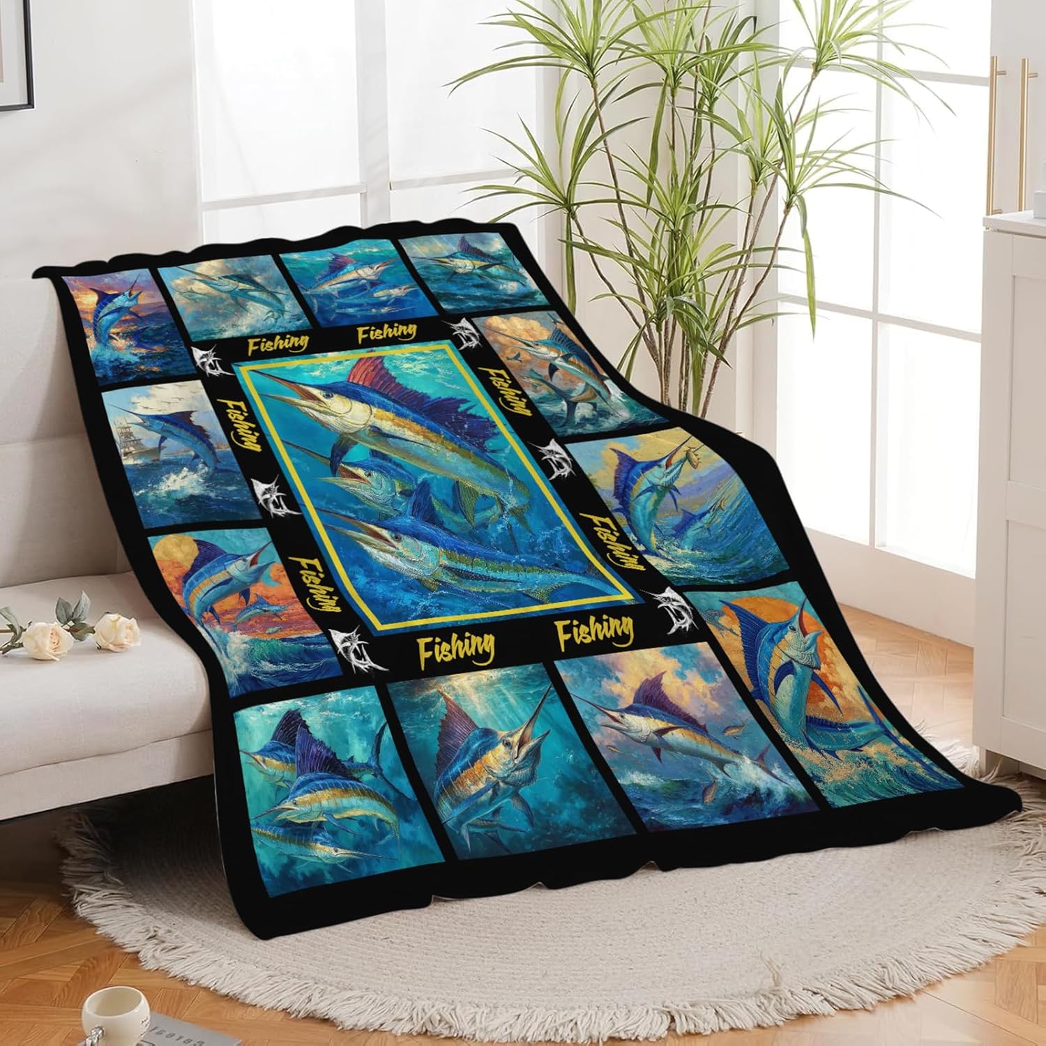 Fish Throw Blanket Fishing Marlin Stuff Gifts for Kids Girls Boys Adults Women Men Soft Cozy Warm Plush Fluffy Fuzzy Fleece Blanket Decor 40''X50''