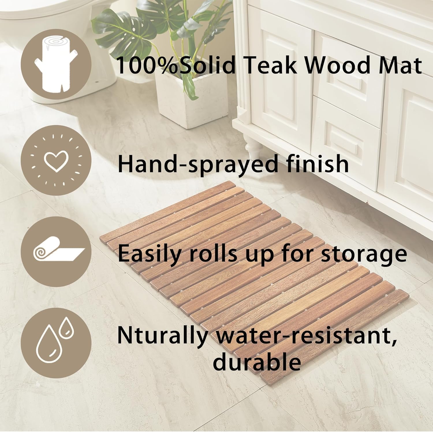 Teak String Shower Mat,Wood Non Slip Bath Mats for Bathroom, Quick Dry Bath Tub Mat for Spa, Sauna, Pool, Hot Tub Flooring Decor and Protector(19.7" W x 31.5" L)
