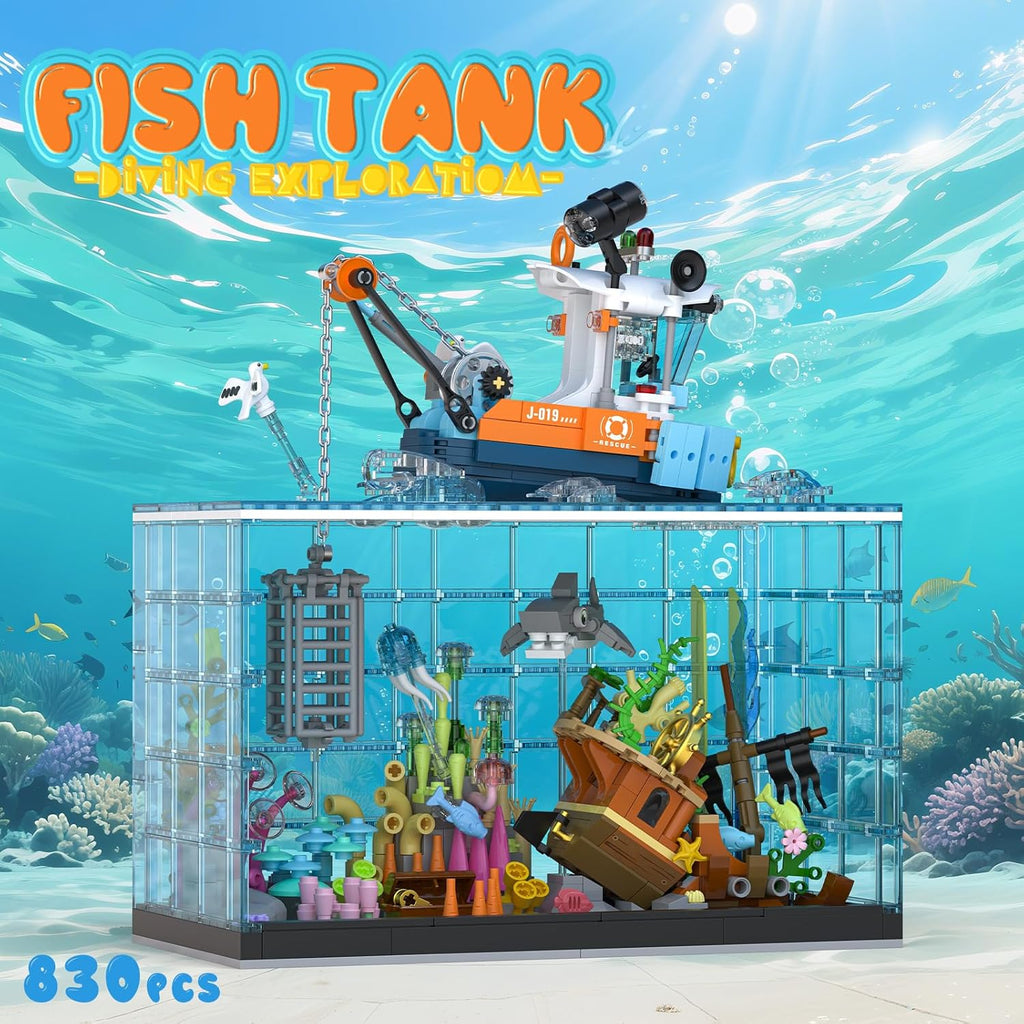 Fish Tank Building Blocks Set, Aquarium Building Set with LED Lights, Including Ocean Shark, Jellyfish, Fishing Boat, STEM Gift for Kids Boys Girls Age 8-12+ and Adults(830PCS)