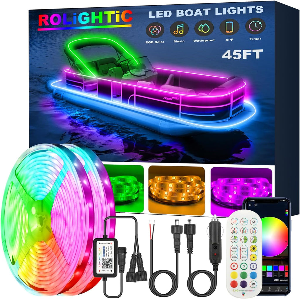 45FT LED Boat Lights, 12V APP RF Remote Control Pontoon Boat Lights, IP66 Waterproof RGB Marine Strip Lights, Boat Interior Light, Boat Deck Light for Bass Boat, Fishing Boat, Yacht