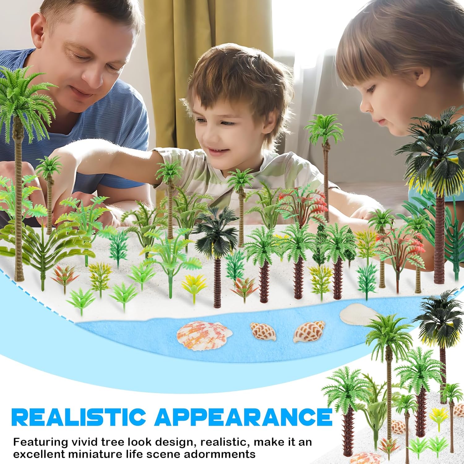 50PCS Mini Model Miniature Palm Trees Beach Coastal City Scenery Coconut Tree Rainforest with Sand and Shells, Architecture Fake Trees for DIY Crafts, Building Model, Scenery Landscape