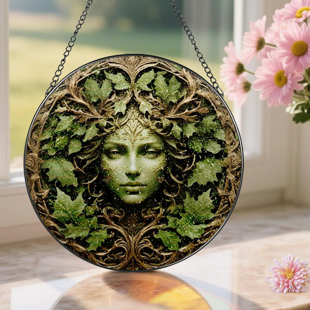 Green Man Stained Glass Suncatcher, Stained Glass Window Hanging, 8 Inch Window Decor Hanging, Gift for Garden Lovers, Mothers Day Birthday Gifts for Mom Grandma Women Sister Wife Lady Lover
