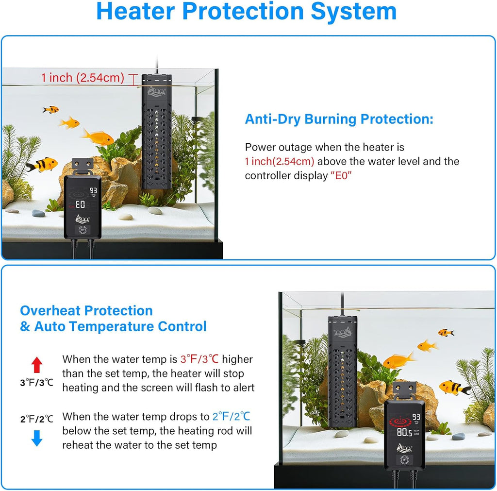 AQQA Fish Tank Heater 1000W for Aquarium 135-258 Gallon Quartz Glass Betta Fish Submersible Heater Thermostat with Intelligent Controller for Freshwater and Saltwater (AQ197-1000W for 135-258Gal)