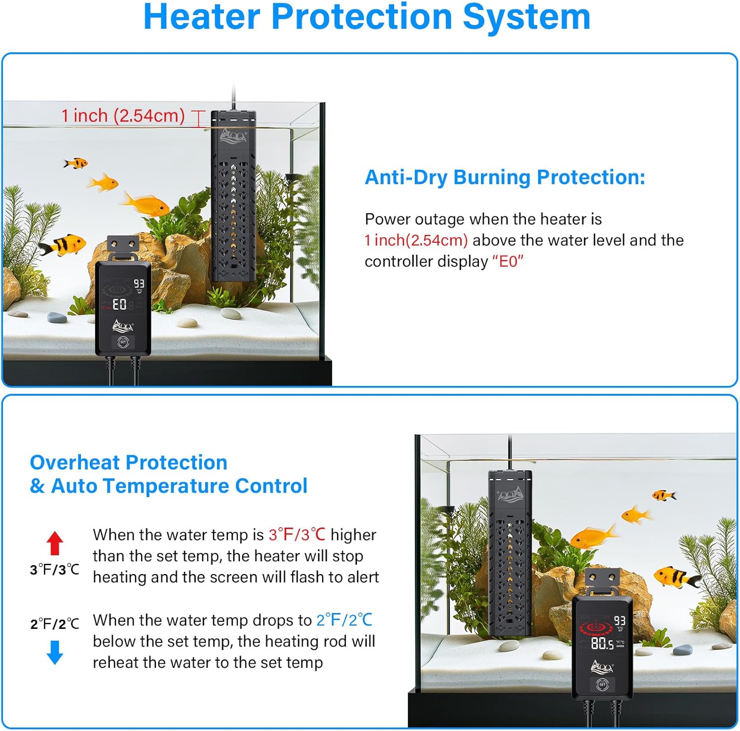 AQQA Fish Tank Heater 1000W for Aquarium 135-258 Gallon Quartz Glass Betta Fish Submersible Heater Thermostat with Intelligent Controller for Freshwater and Saltwater (AQ197-1000W for 135-258Gal)