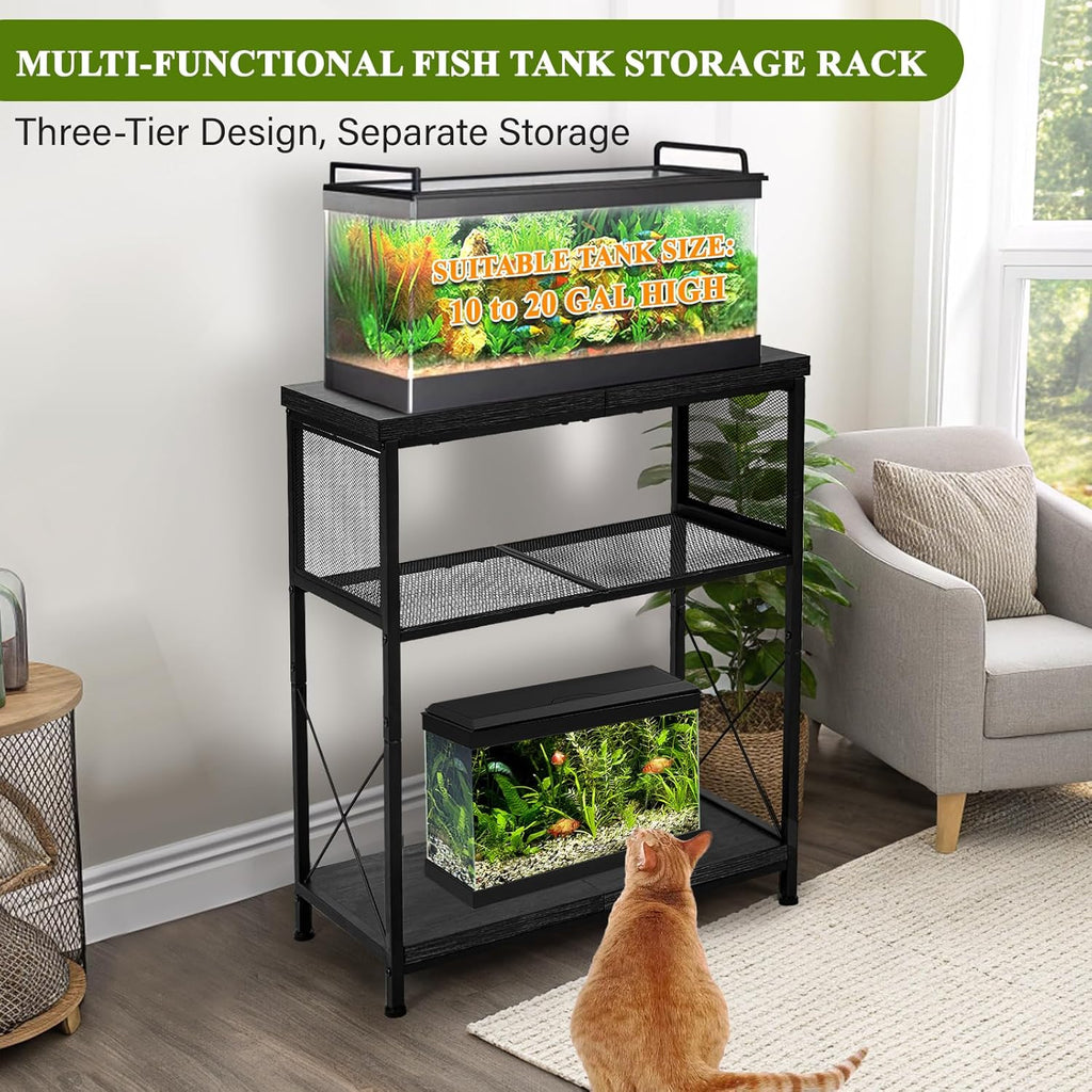 LALA IKAI Fish Tank Stand, 10-20 Gallon Metal Aquarium Stand Table with 2 Tiers Storage Shelf, 4-Leg Reptile Tank Stand, Black