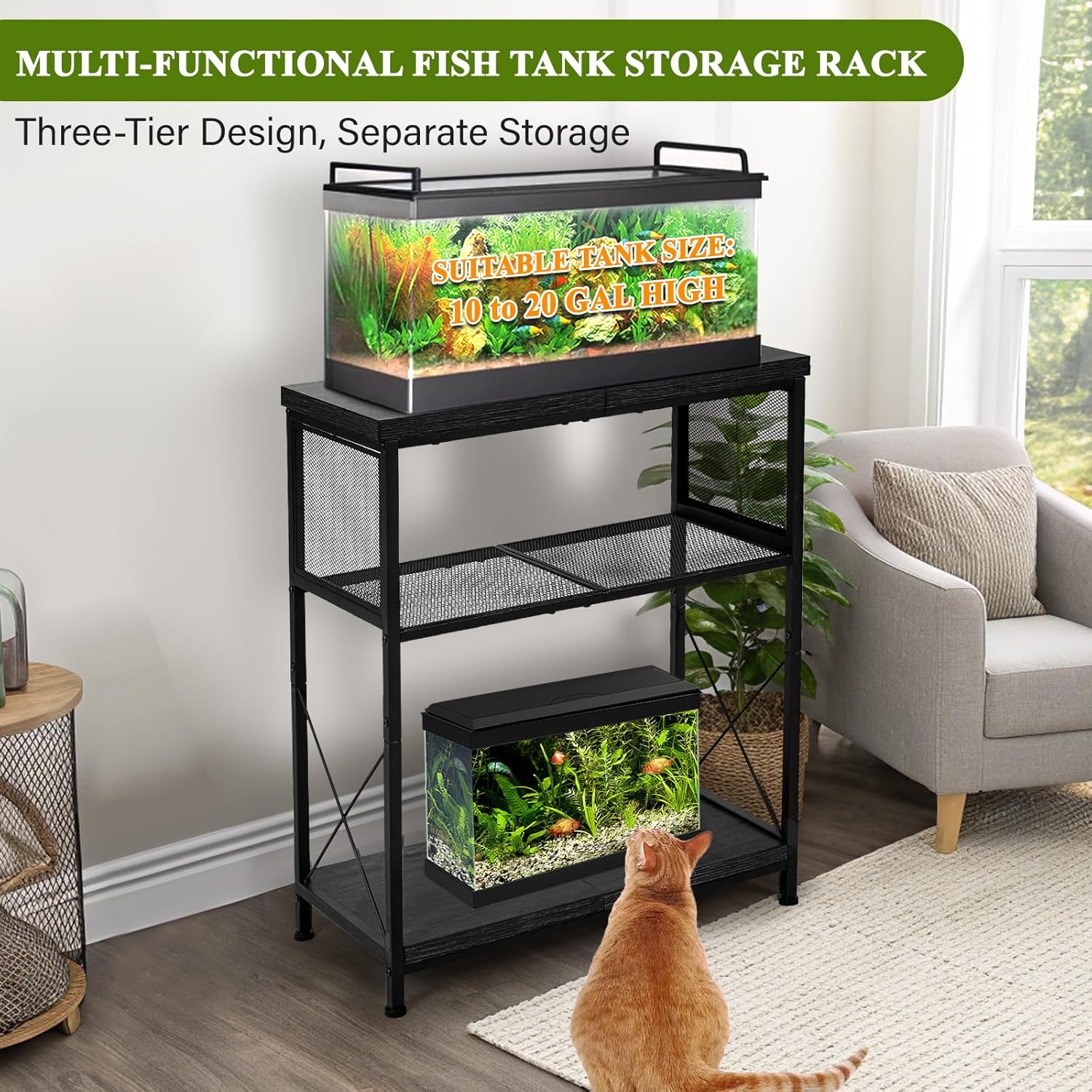 LALA IKAI Fish Tank Stand, 10-20 Gallon Metal Aquarium Stand Table with 2 Tiers Storage Shelf, 4-Leg Reptile Tank Stand, Black