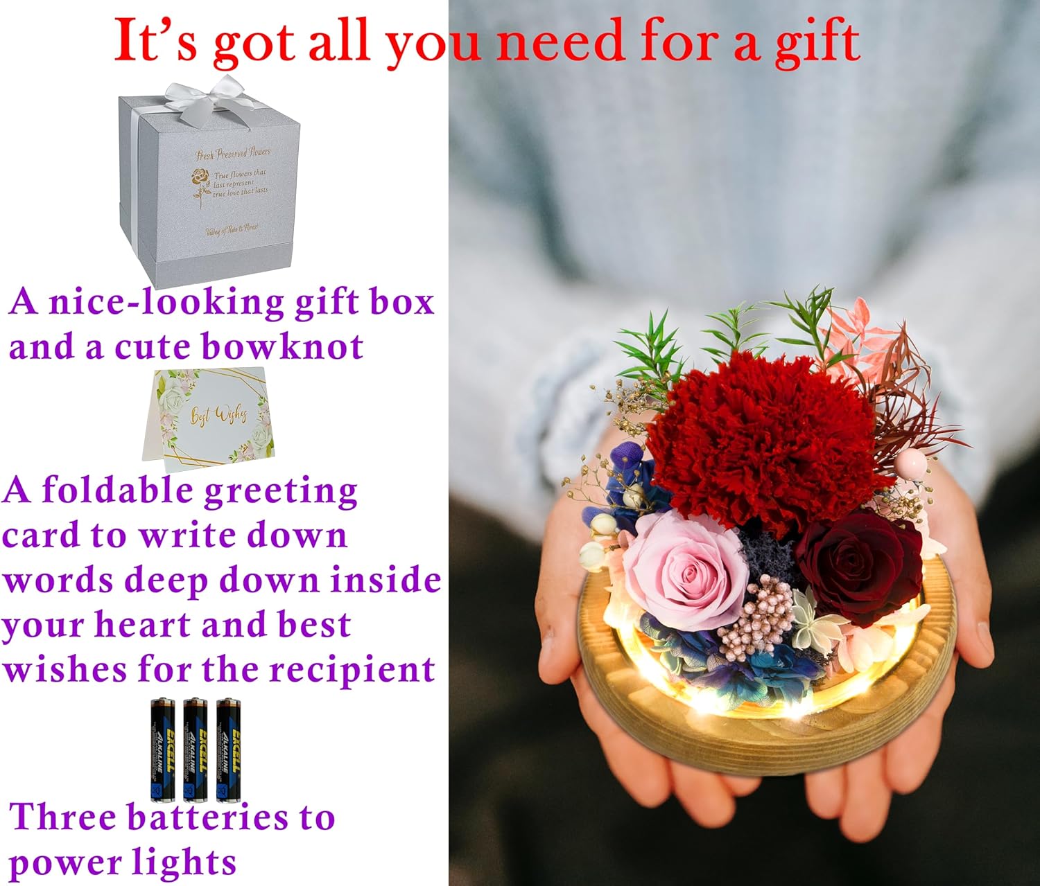 Valley of Rain & Forest Long-Lasting Real Flowers, Unique Floral Gift For you to send Love for All Occasions, for Indoor Decoration (Red Carnation, Pink Rose, Wine-Red Rose)
