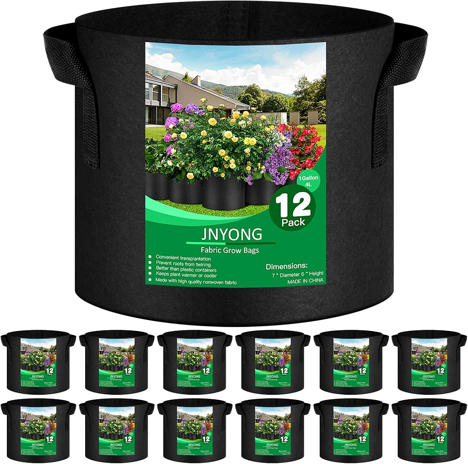 12-Pack 1 Gallon Thickened Non-Woven Grow Bags, Aeration Fabric Pots with Handles