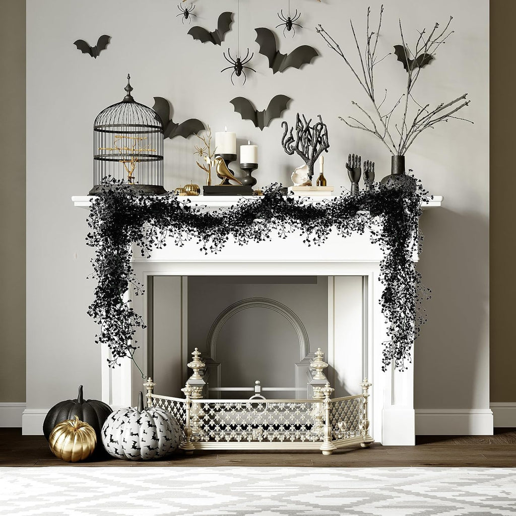 RECUTMS Black Garland Artificial Hanging Plants 2Pcs 5.6Ft Fake Garland Plant Greenery Faux Ferns Leaves Ivy Wreath for Halloween Thanksgiving Party Outdoor Indoor Garden Decor(Black)