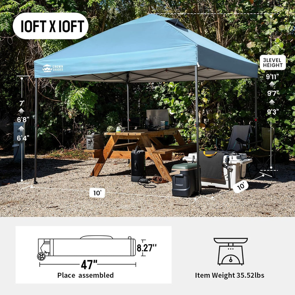 CROWN SHADES 10x10 Pop Up Canopy Tent - Patented Center Lock One Push Instant Outdoor Canopy Beach Tent with STO-N-Go Bag 8 Stakes & 4 Sand Bags，Cyan Blue
