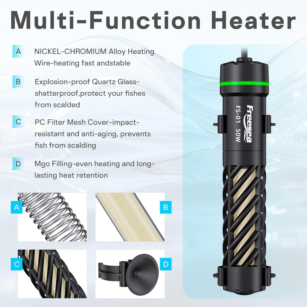 FREESEA Aquarium Heater for Fish Tank: 50W Small Submersible Thermostat with Off-Water Protection & UL Certified Cord for 3-10 Gallon Fish Turtle Tanks Enthusiasts