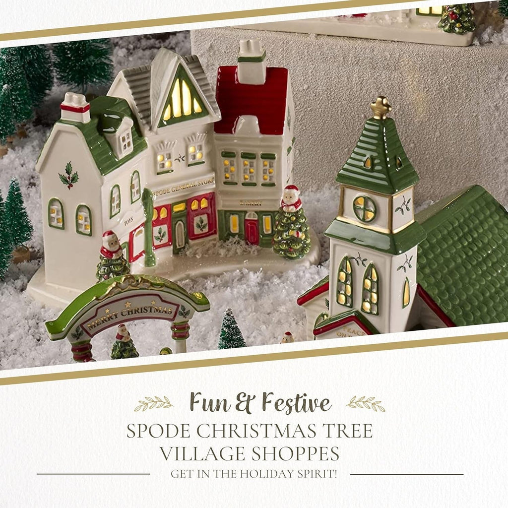 Spode Christmas Tree Miniature Village Figural Decoration - LED Lighted Set, Ceramic Holiday Decor - Dolomite Collectible for Indoor Display (Shoppes)