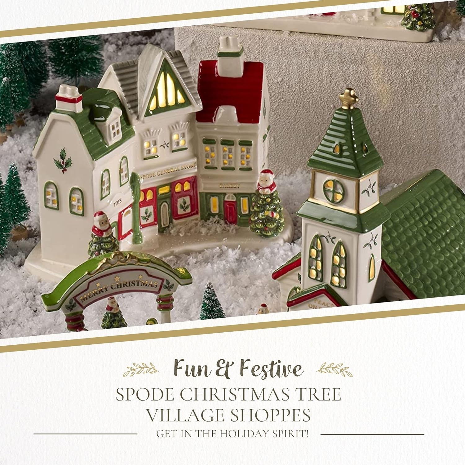 Spode Christmas Tree Miniature Village Figural Decoration - LED Lighted Set, Ceramic Holiday Decor - Dolomite Collectible for Indoor Display (Shoppes)