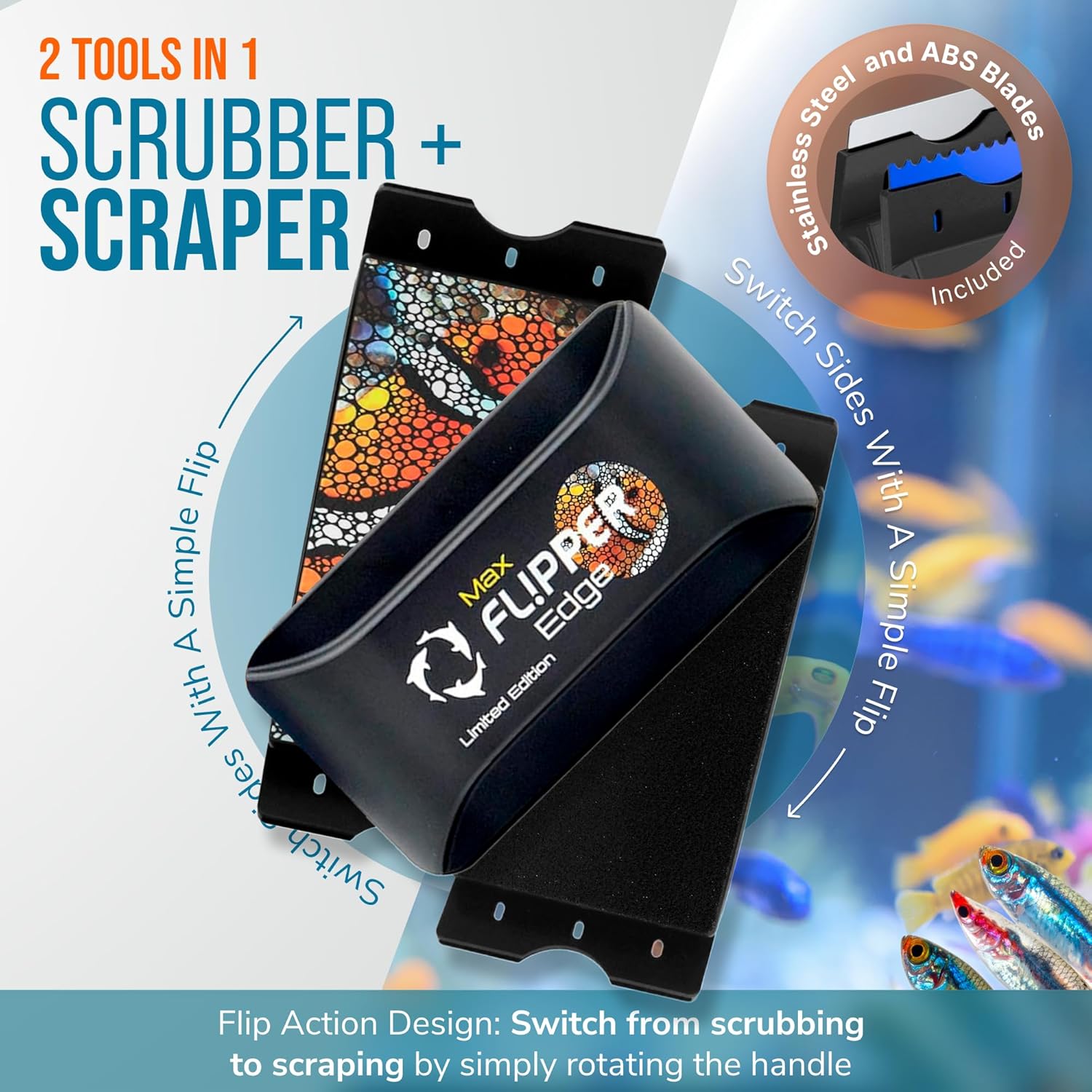 FLIPPER EDGE MAX Magnetic 2-in-1 Aquarium Cleaner for Glass and Acrylic Tanks up to 1 Inch (24mm) Thick – Dual Blade Design with Floating Algae Scraper and Cleaning Tool – LTD Clownfish
