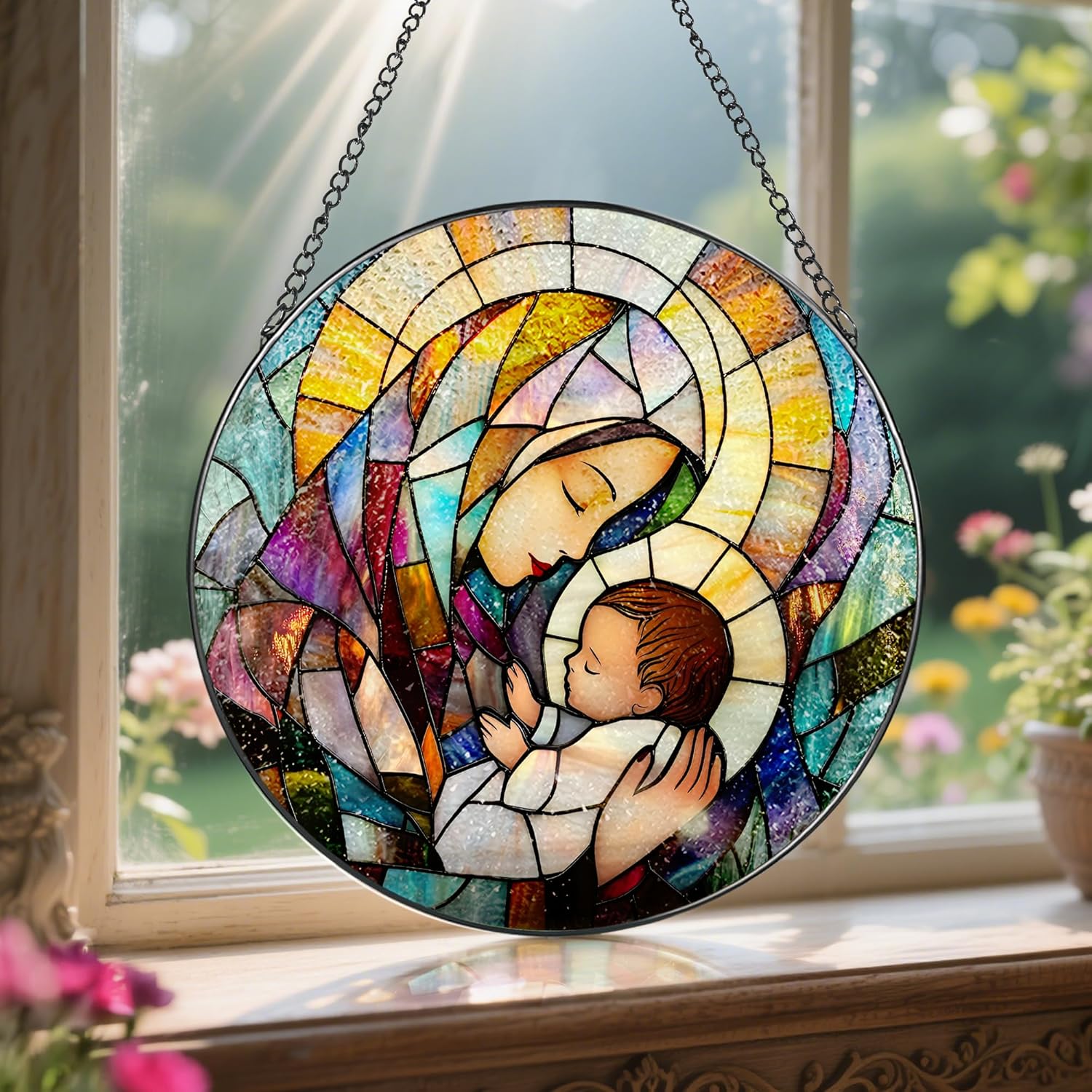 Baby Jesus and The Holy Mother Mary Sun Catcher, 8 Inch Stained Glass Window Hanging, Stained Glass Decor, Christian Home Decor, Christian Gifts for Women, Religious Gifts for Women