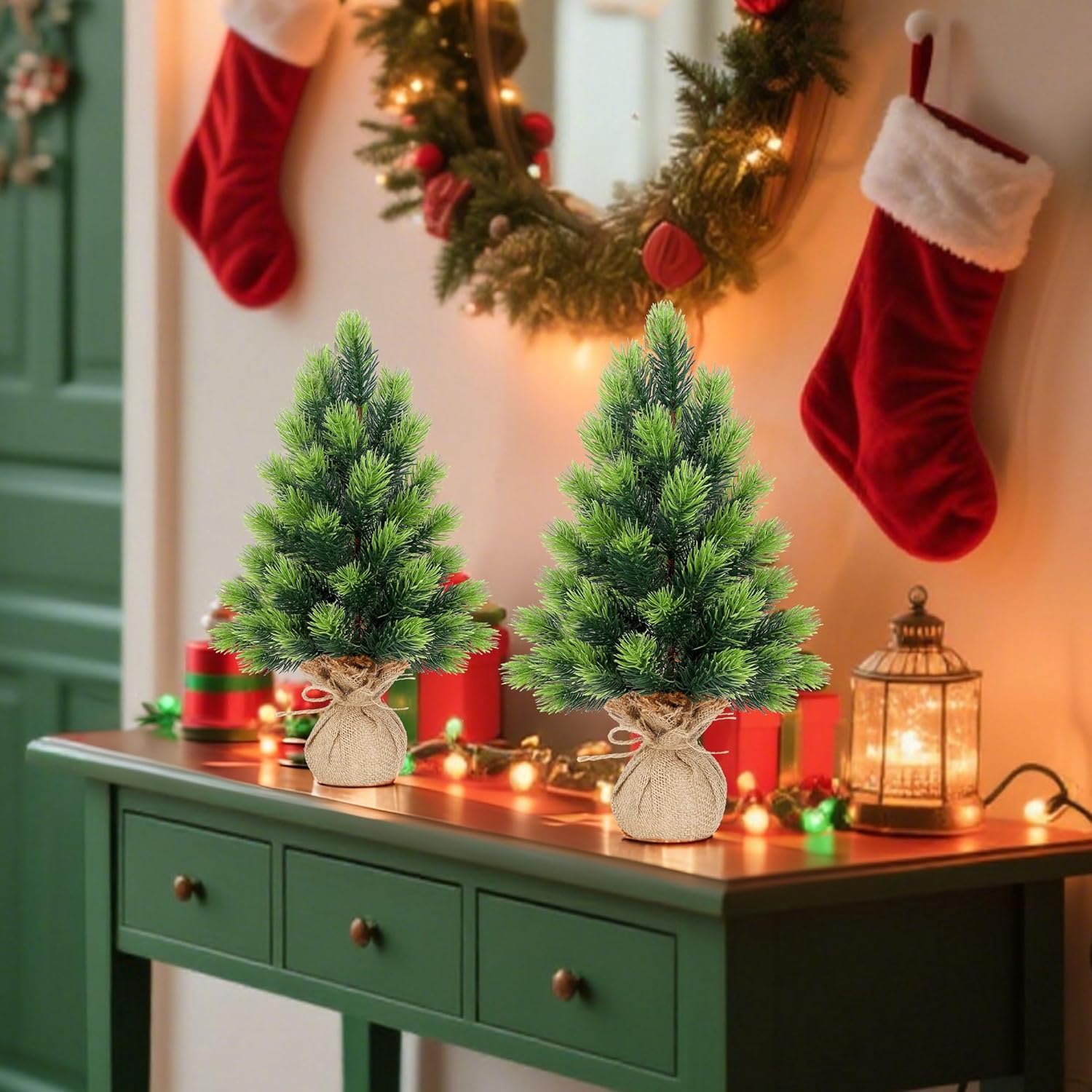 Lulu Home 2 Packs 16.5 Inch Artificial Mini Christmas Tree, Small Tabletop Desktop Xmas Tree with Burlap Base, Realistic Pine for Home Office Party Festival Decorations