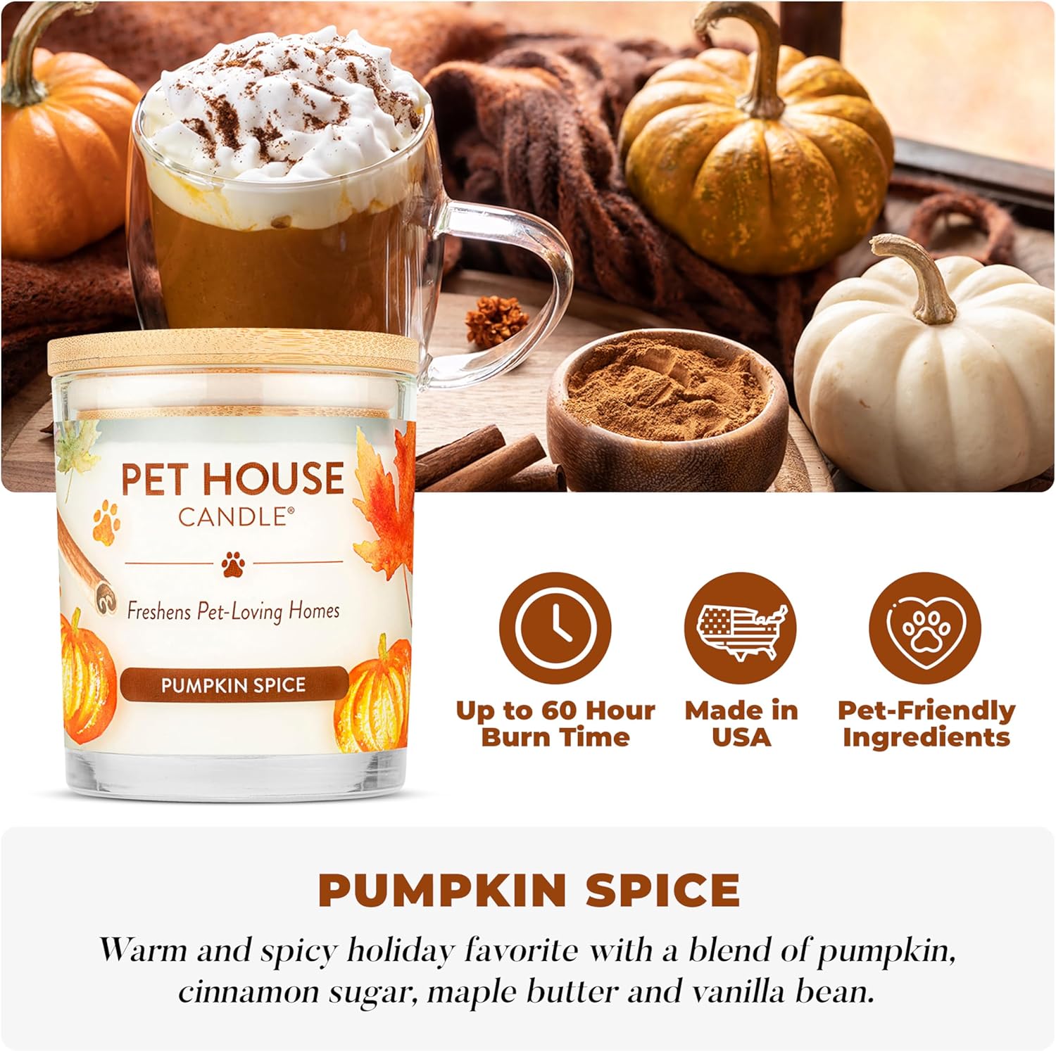 One Fur All Pet House Fall Candles, Long Lasting, Clean Burning, Soy Wax Scented Candles for Pet Odor, Pumpkin Spice, 2 Pack