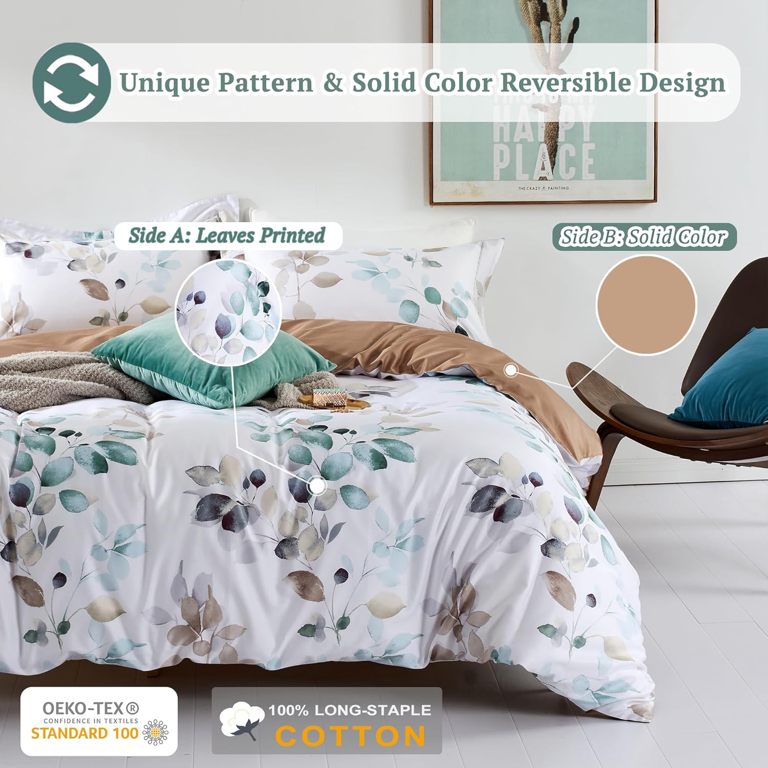 MILDLY 100% Long-Staple Cotton Duvet Cover Set Teal Blue Green Leaf Pattern Printed Comforter Cover 2pcs, Ultra Soft & Breathable Bedding Set