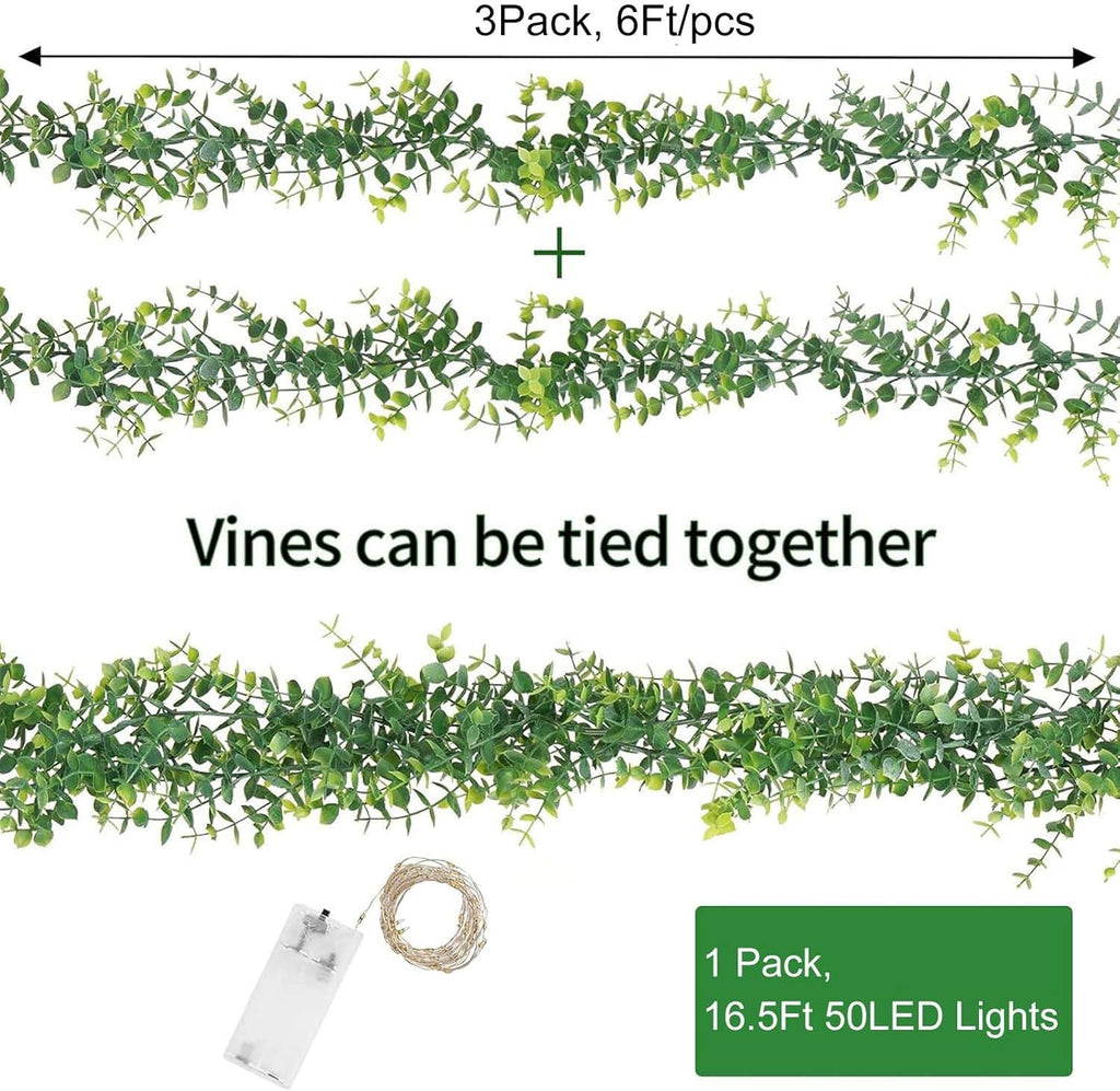 Artflower 3 Pack Artificial Eucalyptus Garland with Lights, 5.9Ft/pcs Faux Eucalyptus Vines Greenery Garland Fake Eucalyptus Plant for Wedding Backdrop Arch Wall Decor, Grey Green