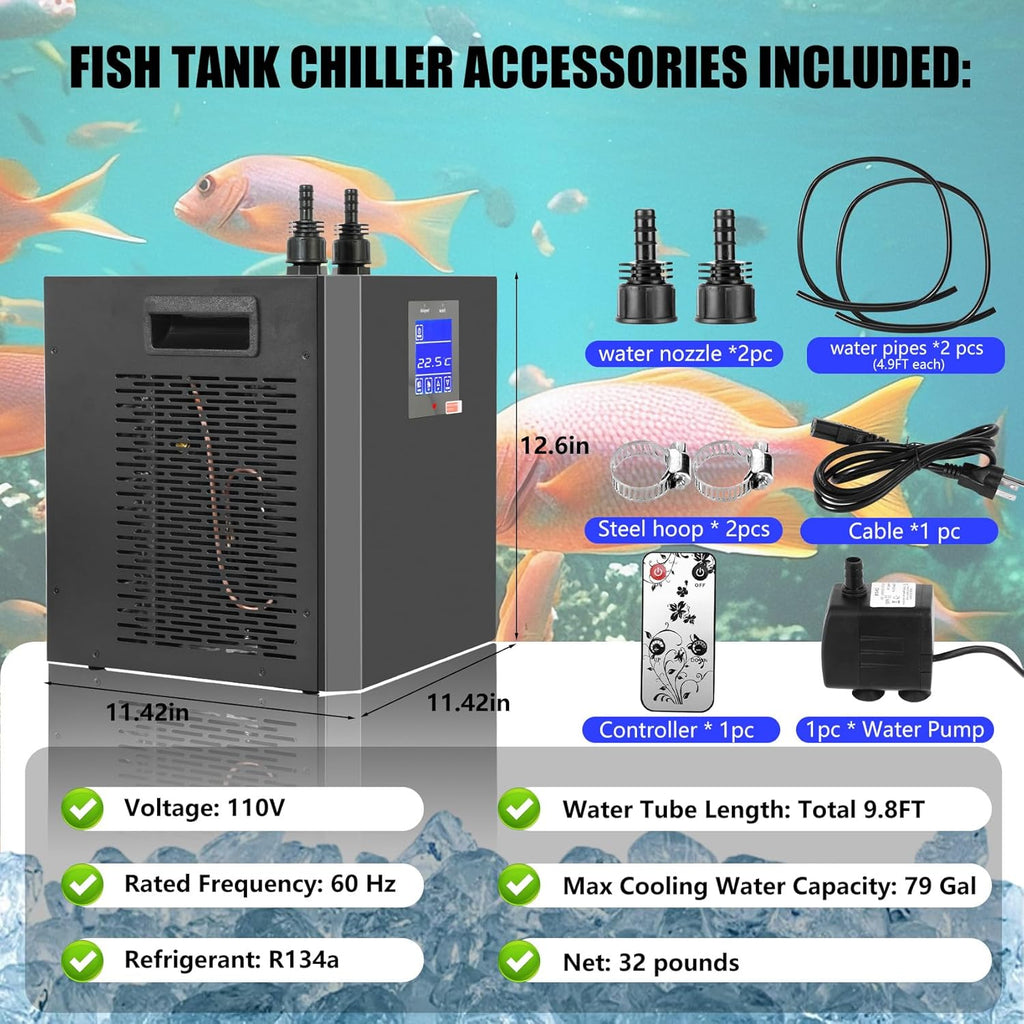 79-Gallon Aquarium Chiller,1/3 HP Chiller, Ultra-Quiet Energy-Saving Cooling System, Suitable for Saltwater and Freshwater Fish Tank - Ideal for Aquatic Plants Axolotl