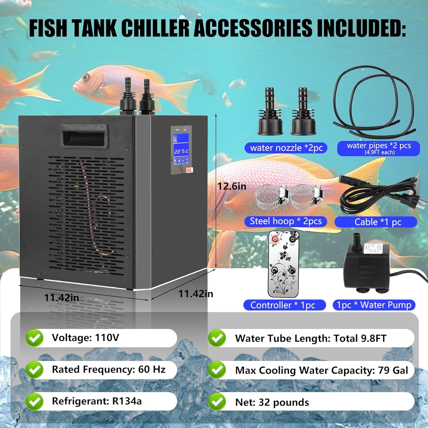 79-Gallon Aquarium Chiller,1/3 HP Chiller, Ultra-Quiet Energy-Saving Cooling System, Suitable for Saltwater and Freshwater Fish Tank - Ideal for Aquatic Plants Axolotl