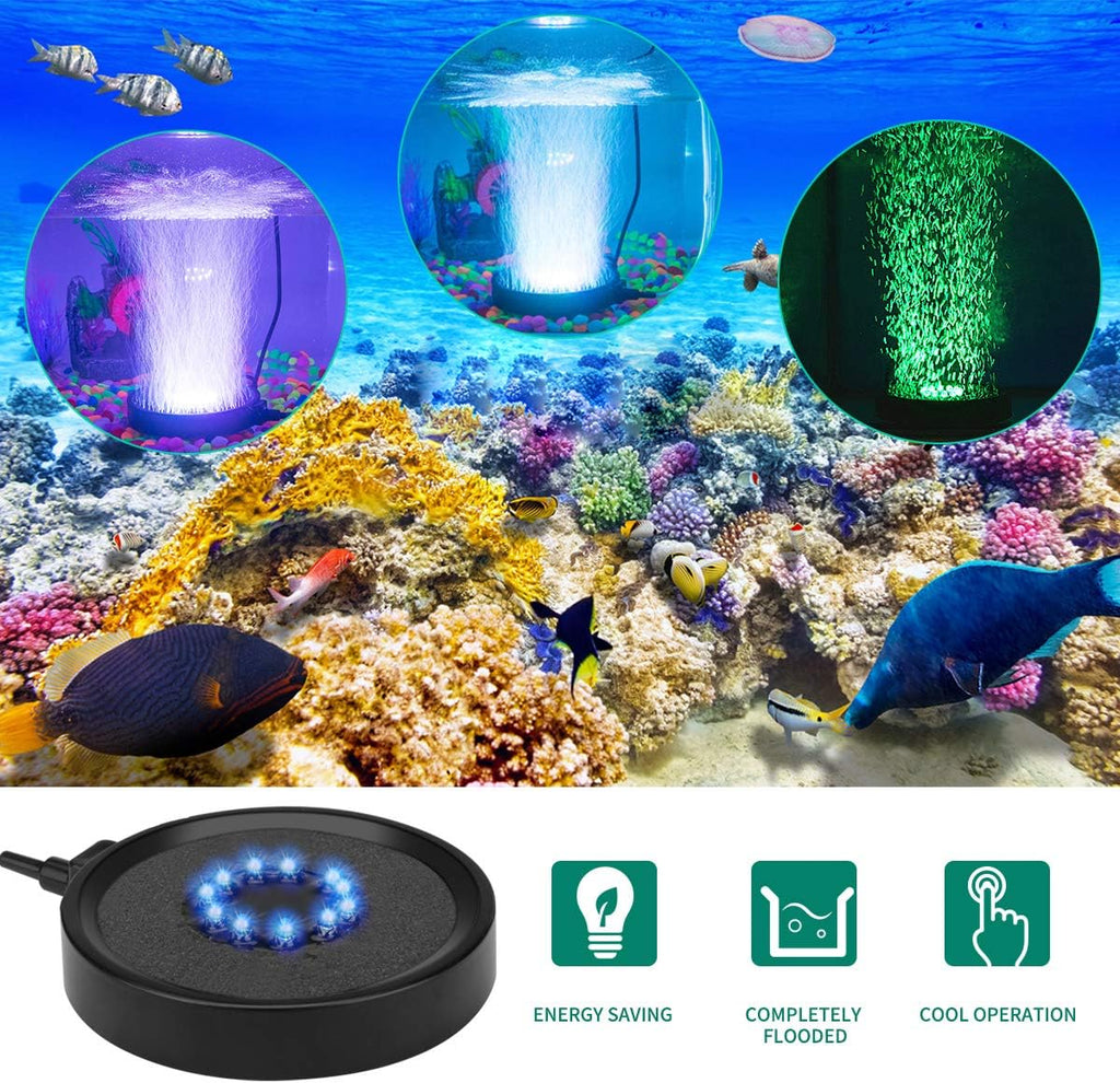 Aquarium Bubble Light LED Fish Tank Bubbler Light, Remote Controlled Aquariums Air Stone Disk Lamp with 16 Color Changing, 4 Lighting Effects for Tanks and Ponds