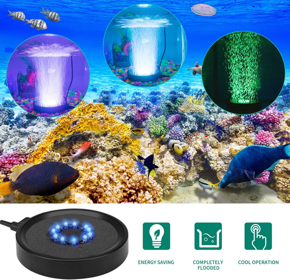 Aquarium Bubble Light LED Fish Tank Bubbler Light, Remote Controlled Aquariums Air Stone Disk Lamp with 16 Color Changing, 4 Lighting Effects for Tanks and Ponds
