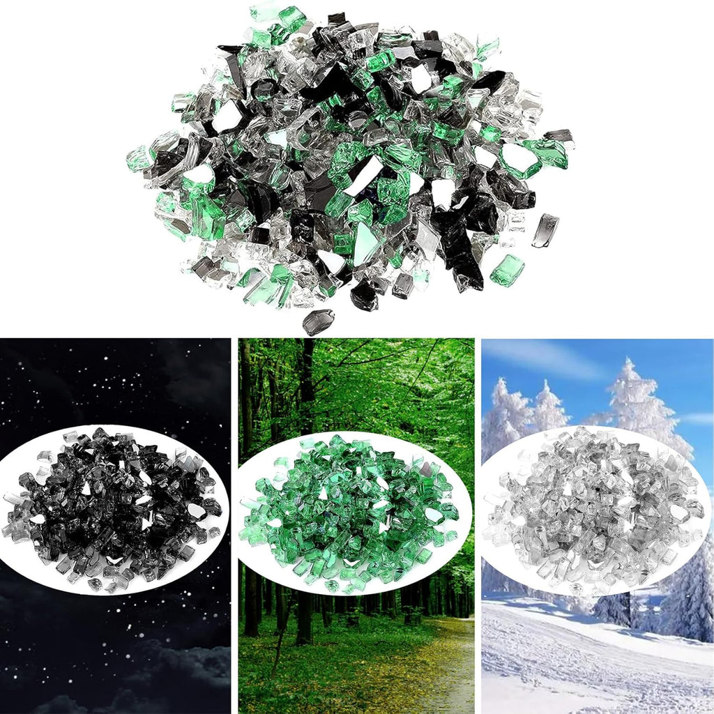Onlyfire 10 Pounds Blended Reflective Fire Glass for Fire Pit Fireplace and Landscaping, 1/2 Inch Mixed Colored High Luster Fireglass Rocks for Outdoor ＆ Indoor - Onyx Black+Platinum+ Light Green