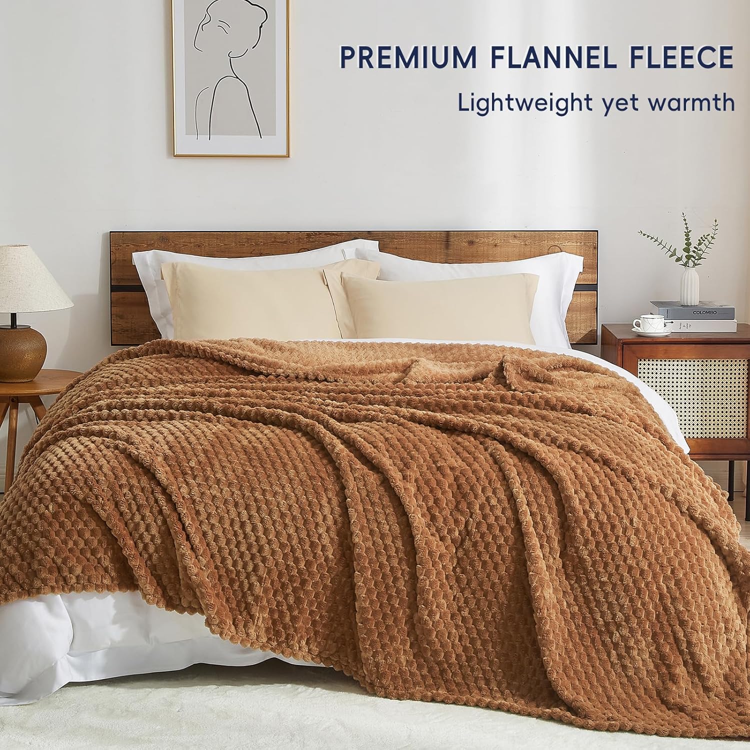 PHF Ultra Soft Flannel Fleece Blanket Queen Size, Lightweight 3D Jacquard Fleece Blanket, No Shedding, No Pilling, Luxury 340GSM Aesthetic Fluffy Cozy for Bed Room Decor, 90"x90", Terracotta