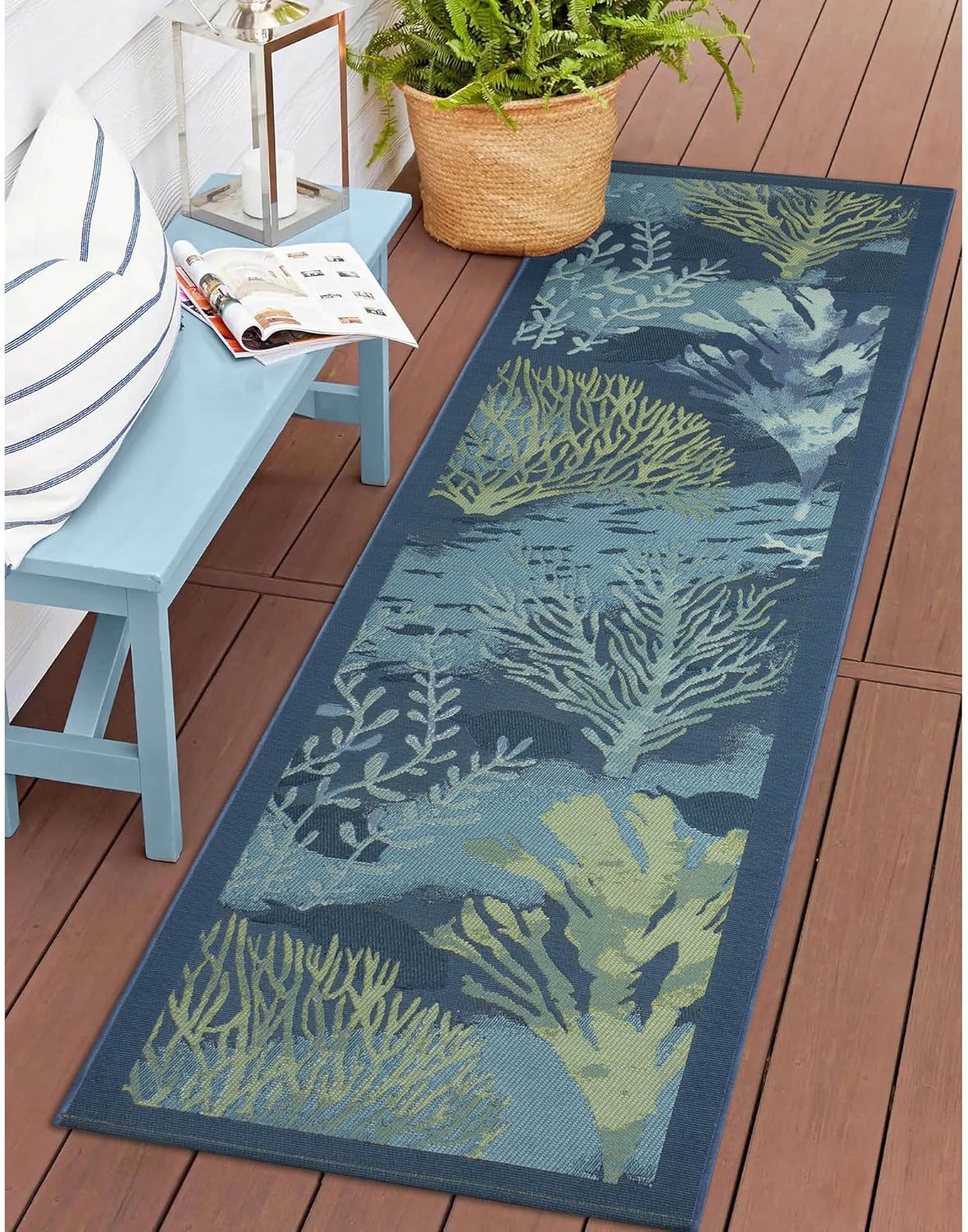 Liora Manne Marina Indoor/Outdoor Power Loomed Synthetic Blend Low Profile Area Rug - Transitional Border Botanical Beach Colorful (Coral Garden Lapis) (1'11" x 7'6")