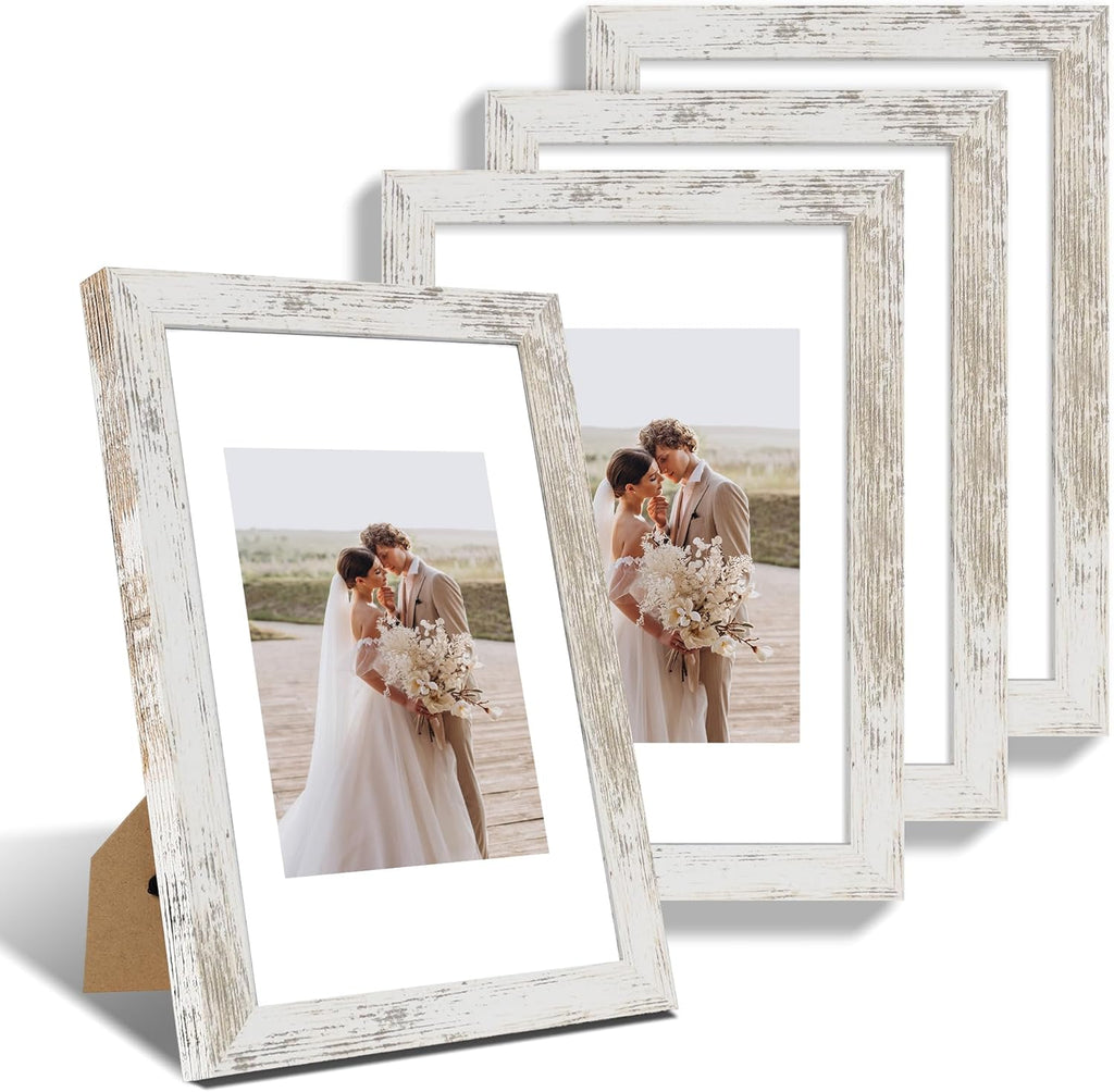8x12 Picture Frame Set of 4, Made of Glass and Distressed White Wooden Frame - Display 6x8 Picture with Mat or 8 x 12 Poster Without Mat, 8 by 12 Photo for Wall or Tabletop