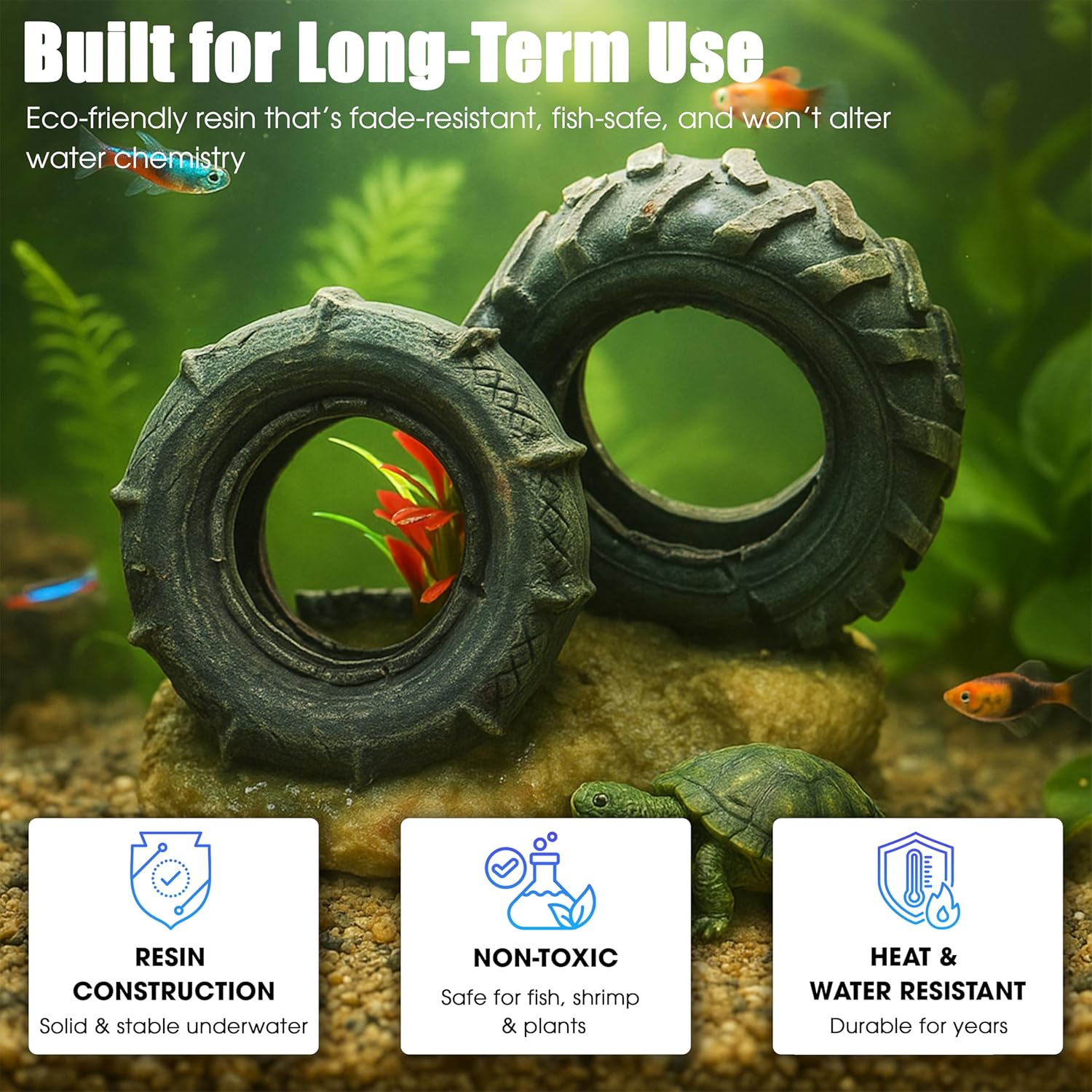 Aquarium Resin Decorations, Tree House Ornament-Tire Scene, Aquarium Decor for Glofish, Betta Accessories, Turtle Hideouts, Aquarium Plants, Ornaments & Fish Tank Accessories (Tire landscape)