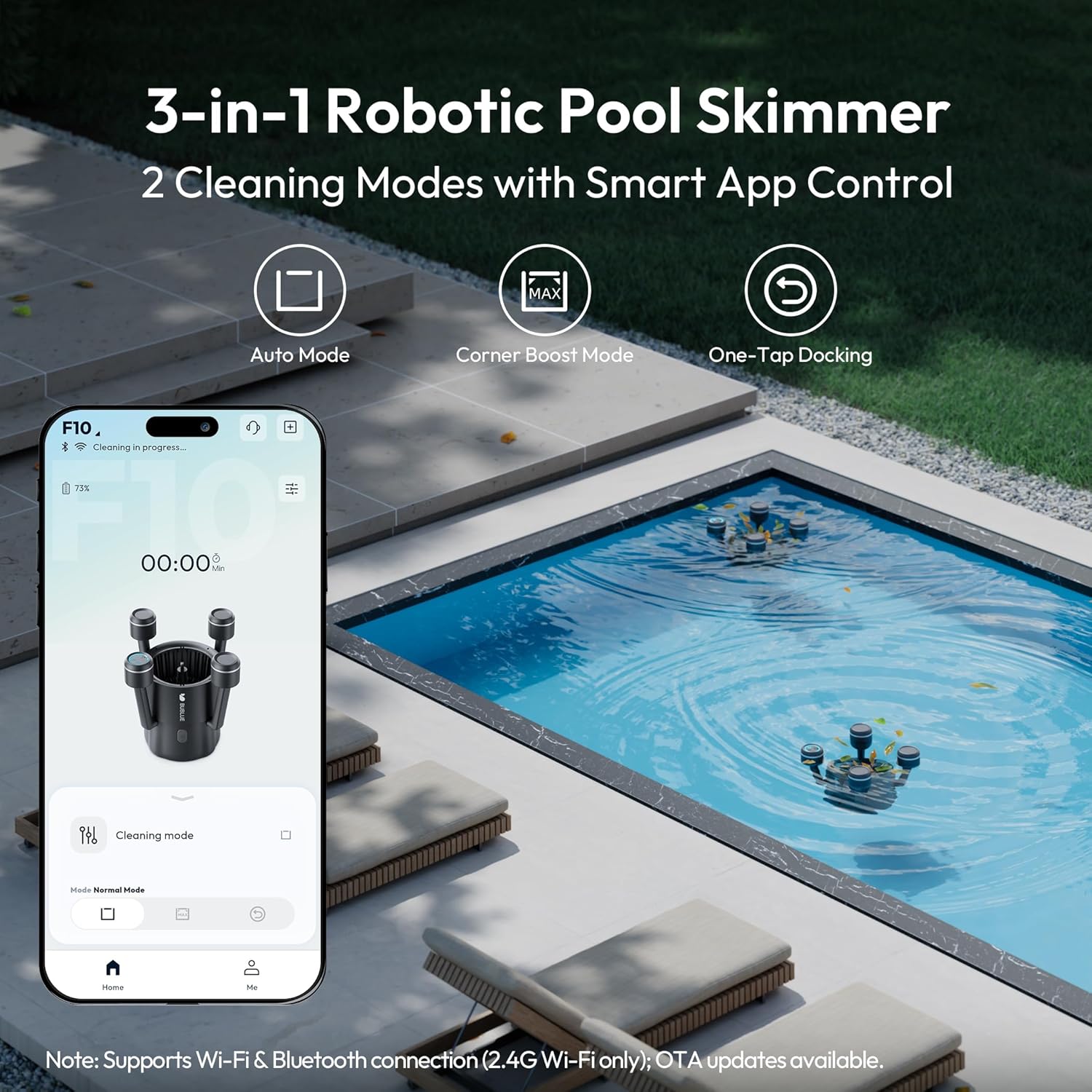 F10 Robotic Surface Skimmer, Pool Cleaner with Powerful Suction, Dual Motor, 5L Filter, Dual Cleaning Modes, Smart App Control, One-Tap Docking, LED, AI Navigation, for Pools up to 538 Sq.Ft.
