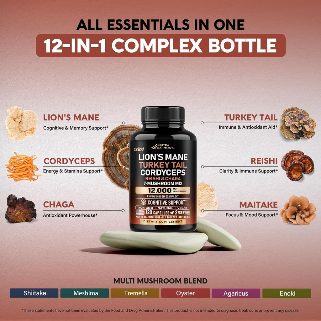 Mushroom Supplement - Organic Lions Mane | Turkey Tail | Chaga | Cordyceps | Reishi | Maitake | Shiitake | Meshima | Tremella | Oyster | Agaricus - Made in USA - Non GMO, Gluten Free - 120 Capsules