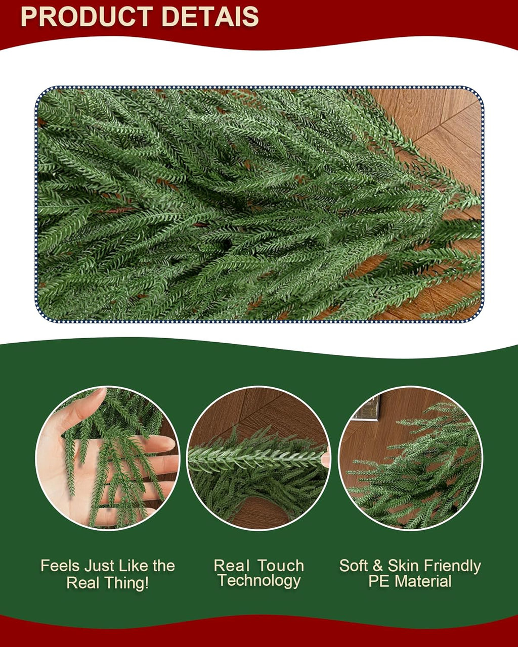 12FT (2 * 6FT) Artificial Christmas Garland, Real Touch Norfolk Pine Greenery Garland, Ultra Full & Lush Unlit Garland for Door, Mantle, Fireplace, Stair, Indoor Outdoor Xmas Decorations